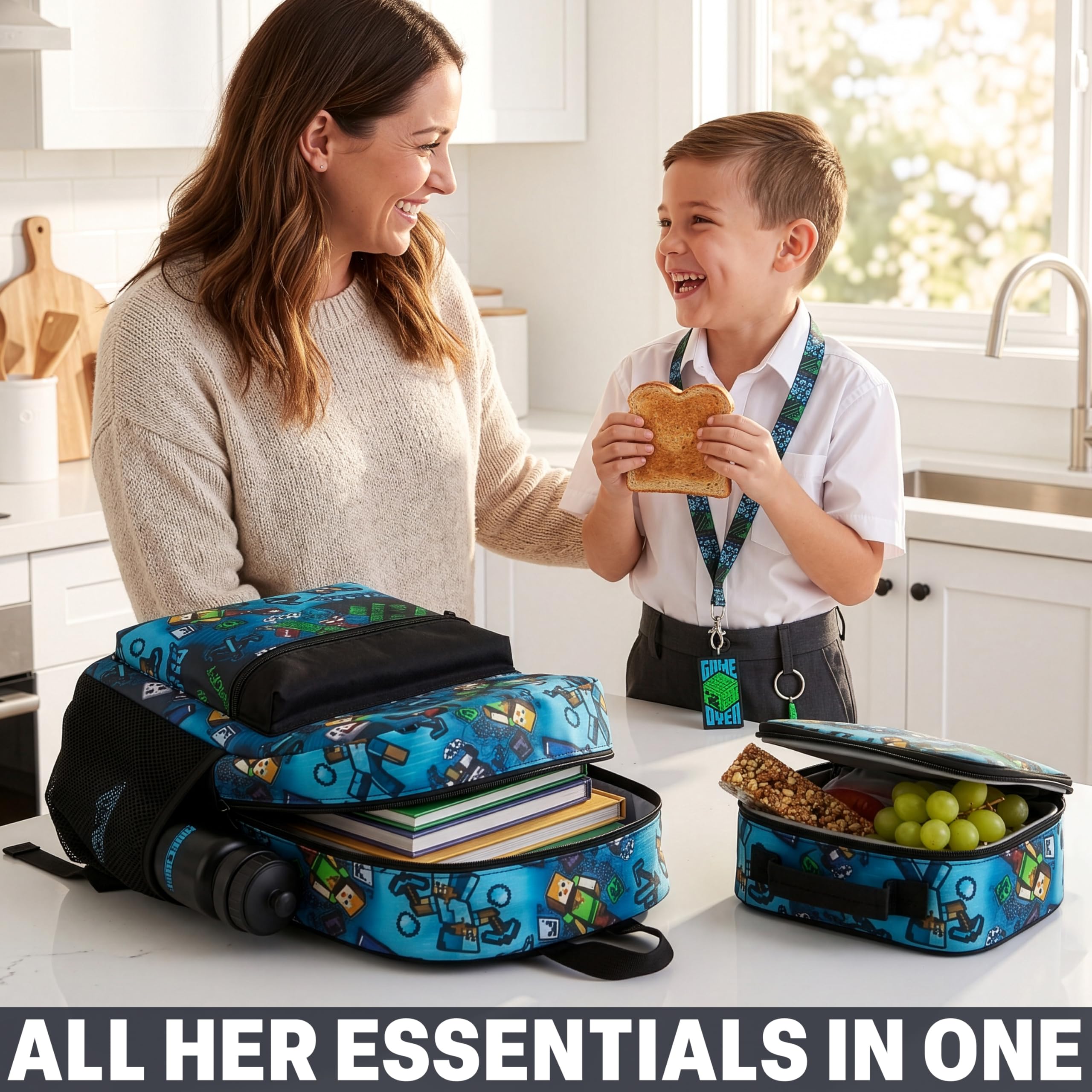 Get Trend Minecraft Rucksack Kinder 5er Set, Kinderrucksack mit Federmäppchen, Isolierte Lunchtasche, Schlüsselband, 500ml Trinkflasche BPA-Frei (Multi Minecraft)