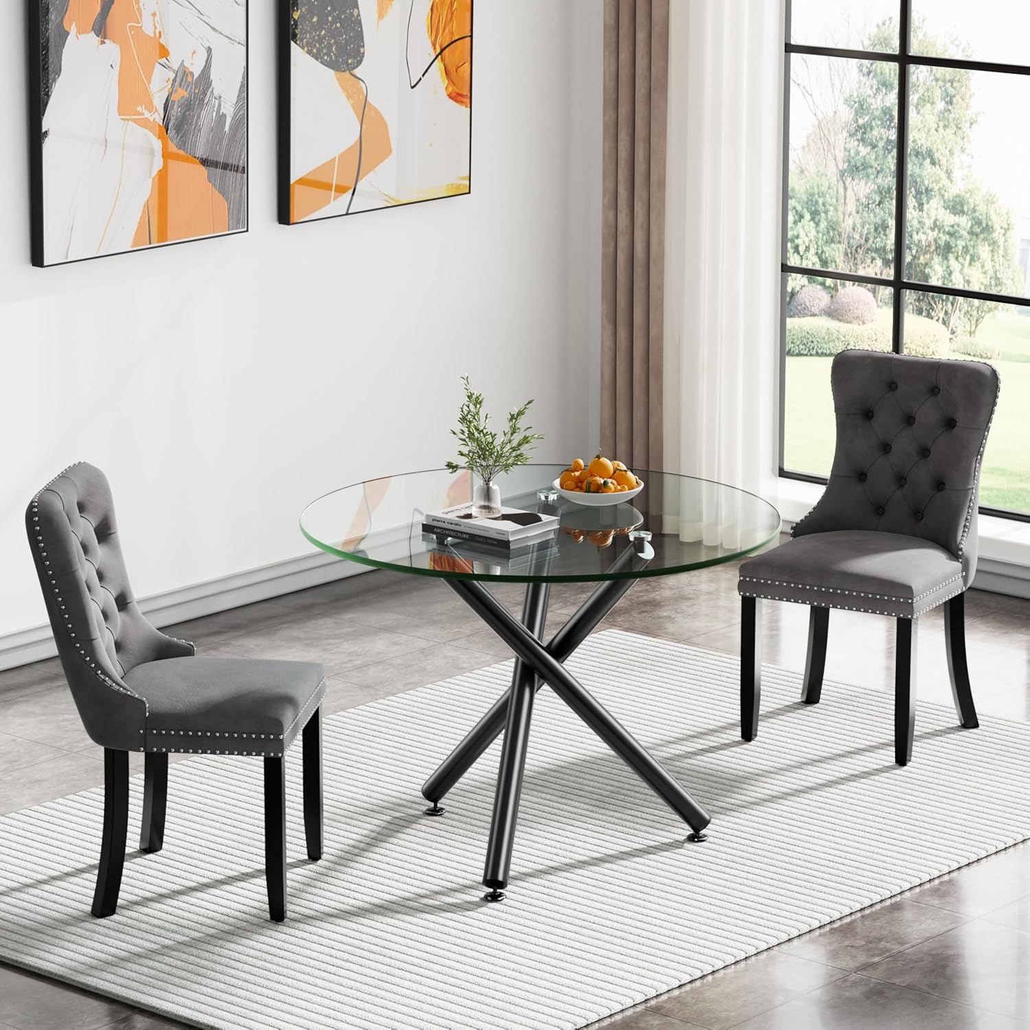 Henf 3-Piece Round Glass Dining Table Set with 2 Upholstered Chairs, 36'' Round Dinner Table Set for Small Space, Dining Room Furniture Circular Glass Kitchen Table Chairs Set for 2