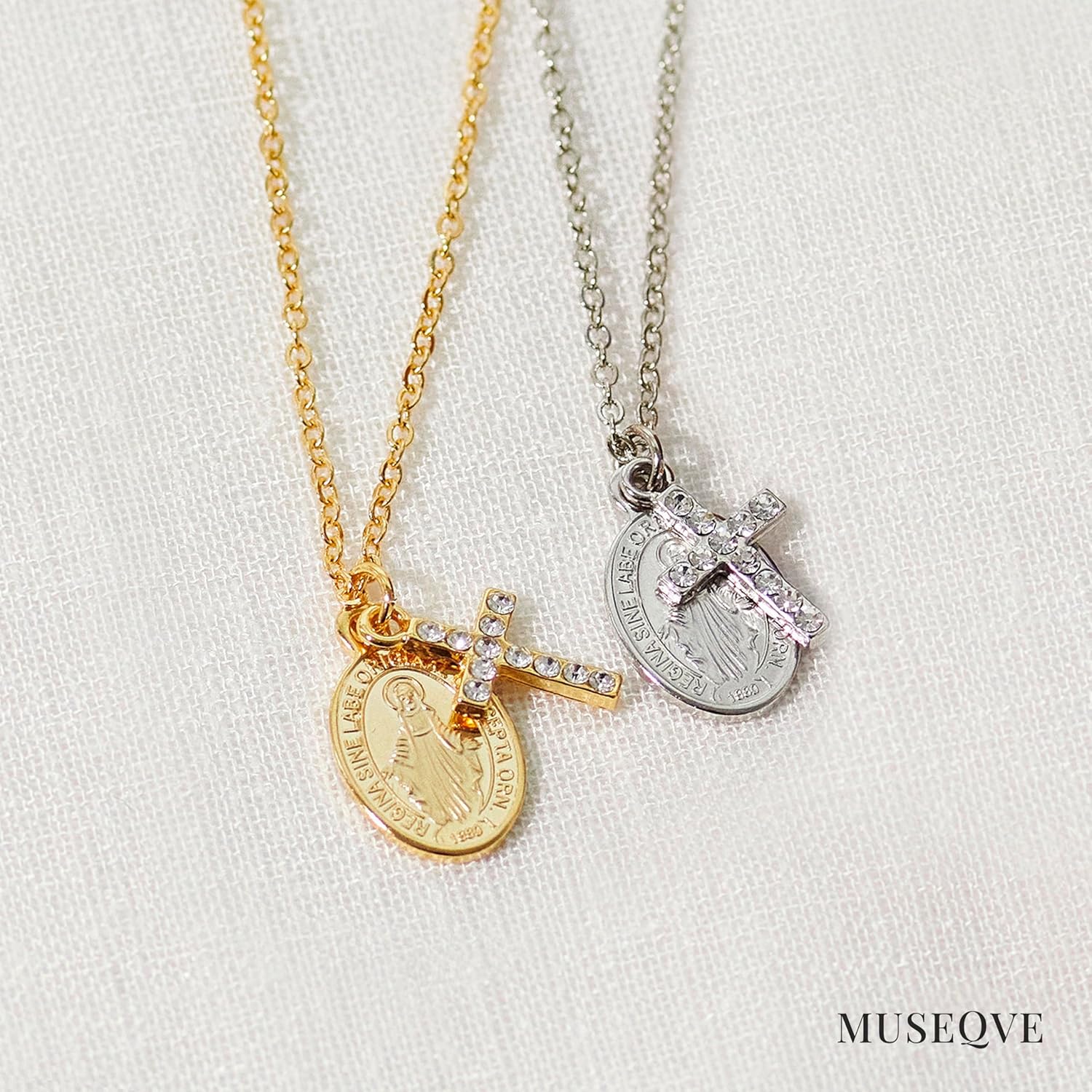 Cross and Miraculous Medal Necklace • Virgin Mary Coin Pendant Catholic Necklace for Women Kids • 14K Gold Plated Non Tarnish Dainty Religious Jewelry [CXN-MC] - Image 6