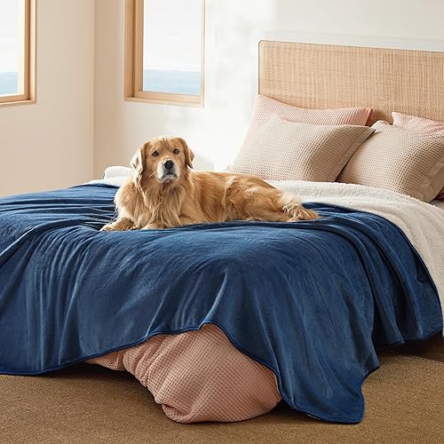 Bedsure Waterproof Blanket for Bed - Sherpa Fleece Waterproof Dog Blankets for Large Dogs, Pet Blankets for Bed/Couch/Dog Crate, Soft Plush Reversible Furniture Protector, Queen Size, 90"x86", Blue - Queen(86x90") - Blue