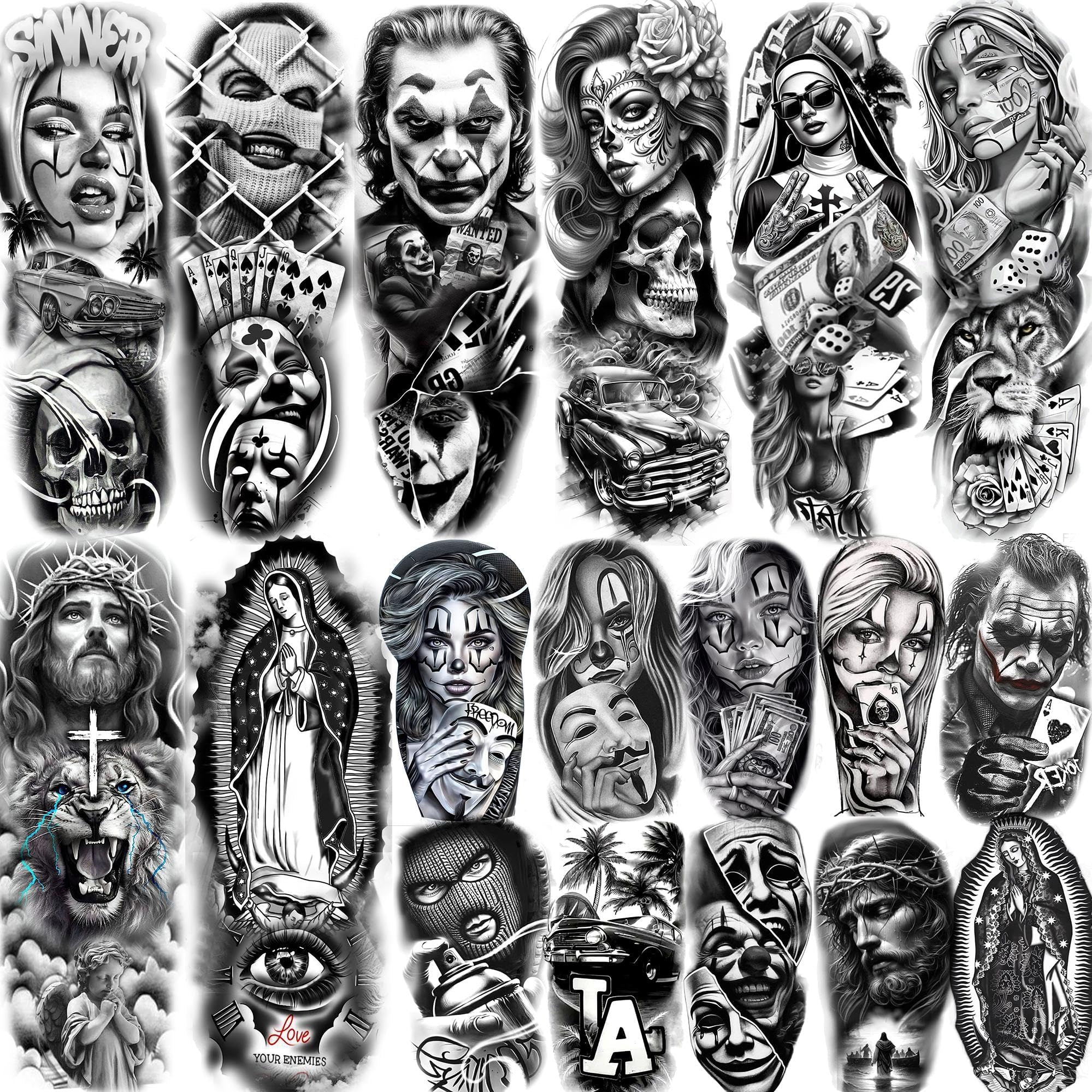 18 Sheets Chicano Full Arm Temporary Tattoos For Men Women Thigh, Chicana Guadalupe Joker Gangster Nun Girl Fake Sleeve Tattoos For Adults, Temp Bulk Jesus Christ Prison Black Halloween Tattoo Sticker