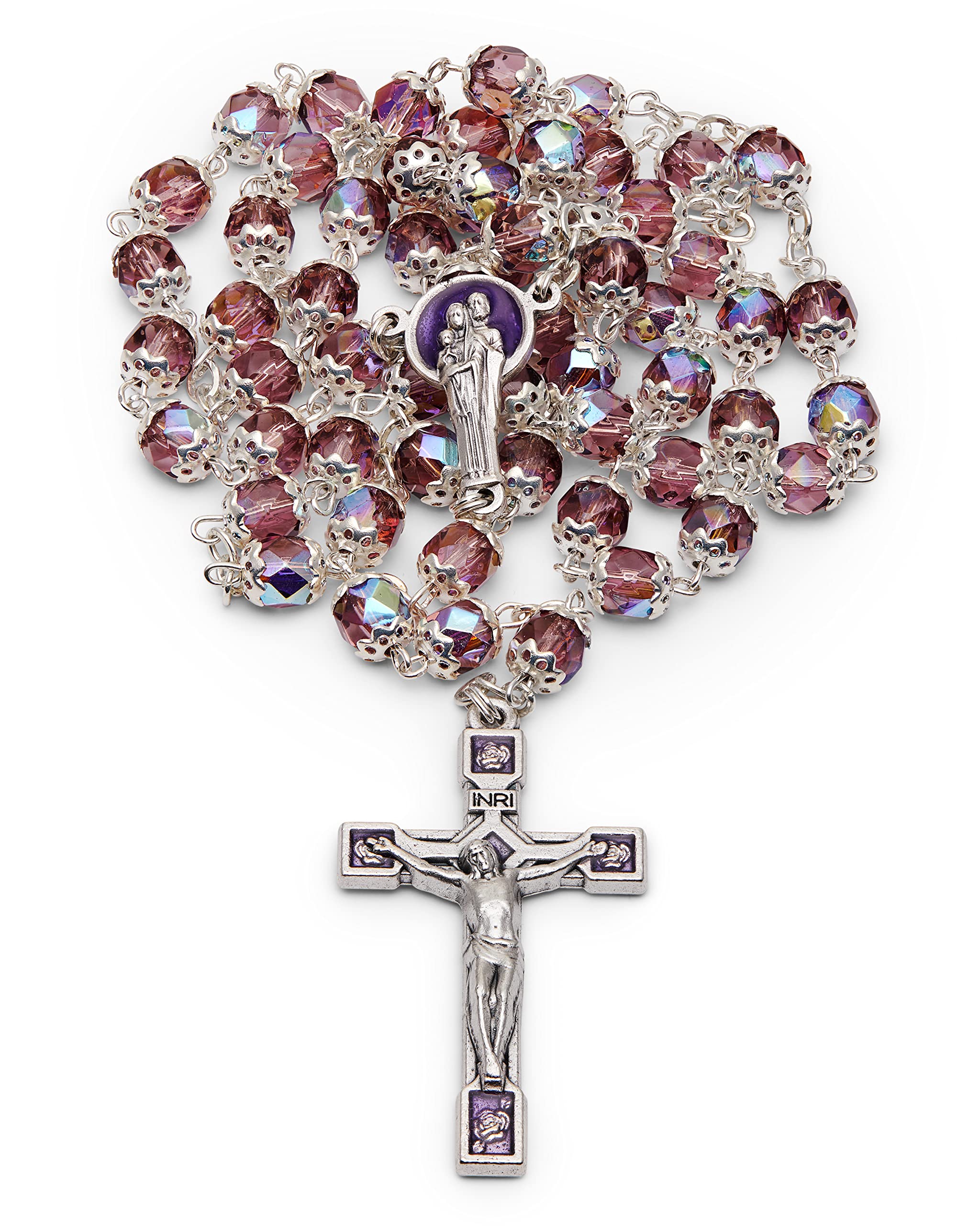 Katholische Rosenkranz-Perlen für Frauen und Männer, gesegnet während des Angelus des Papstes, in facettierten Kristallperlen mit emailliertem Mittelstück der Heiligen Familie – perfektes katholisches