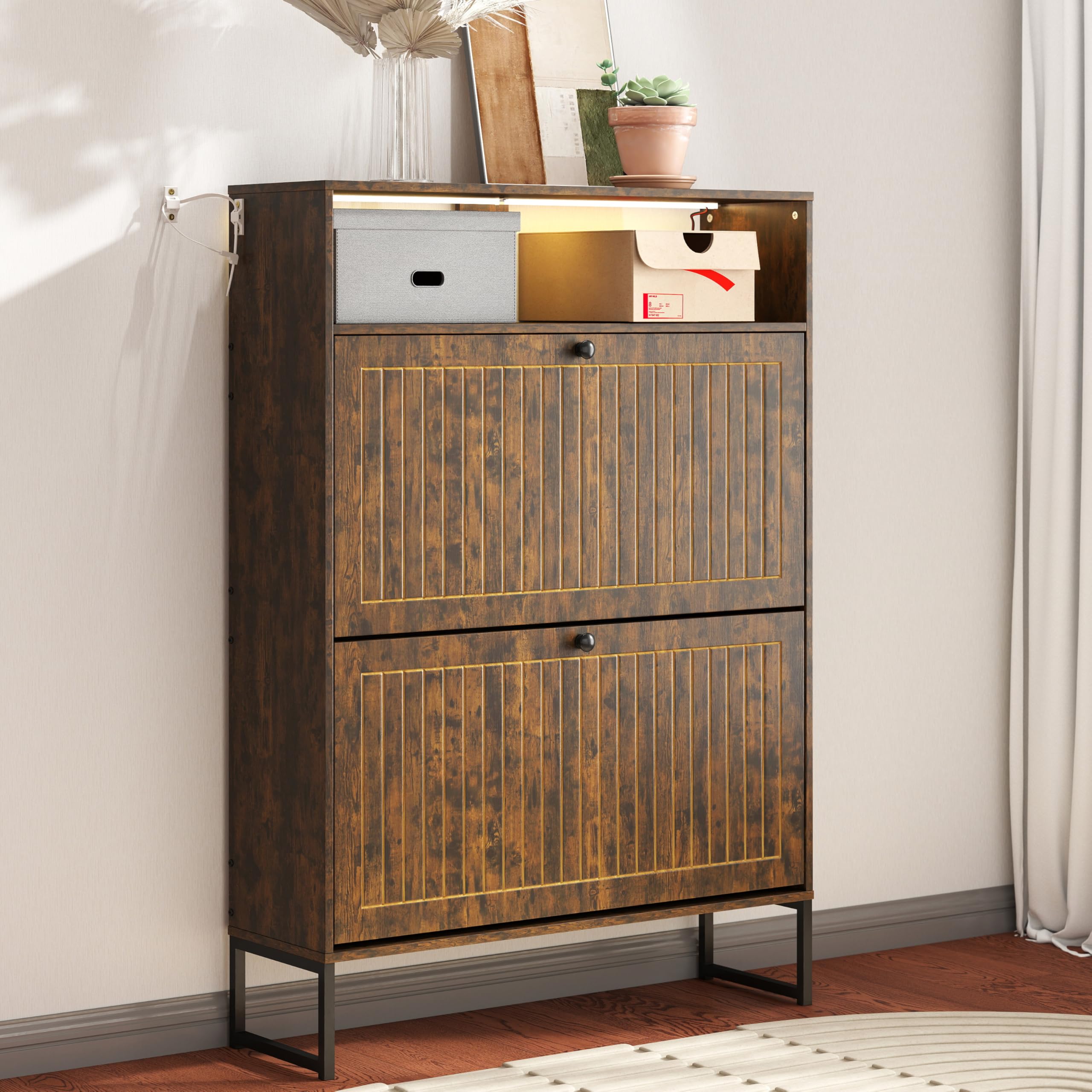 Manora Shoe Cabinet for Entryway with LED Light, Hidden Flip Drawer Shoes Storage Cabinet, Mid Century Modern Walnut Shoe Organizer for Hallway, Brown