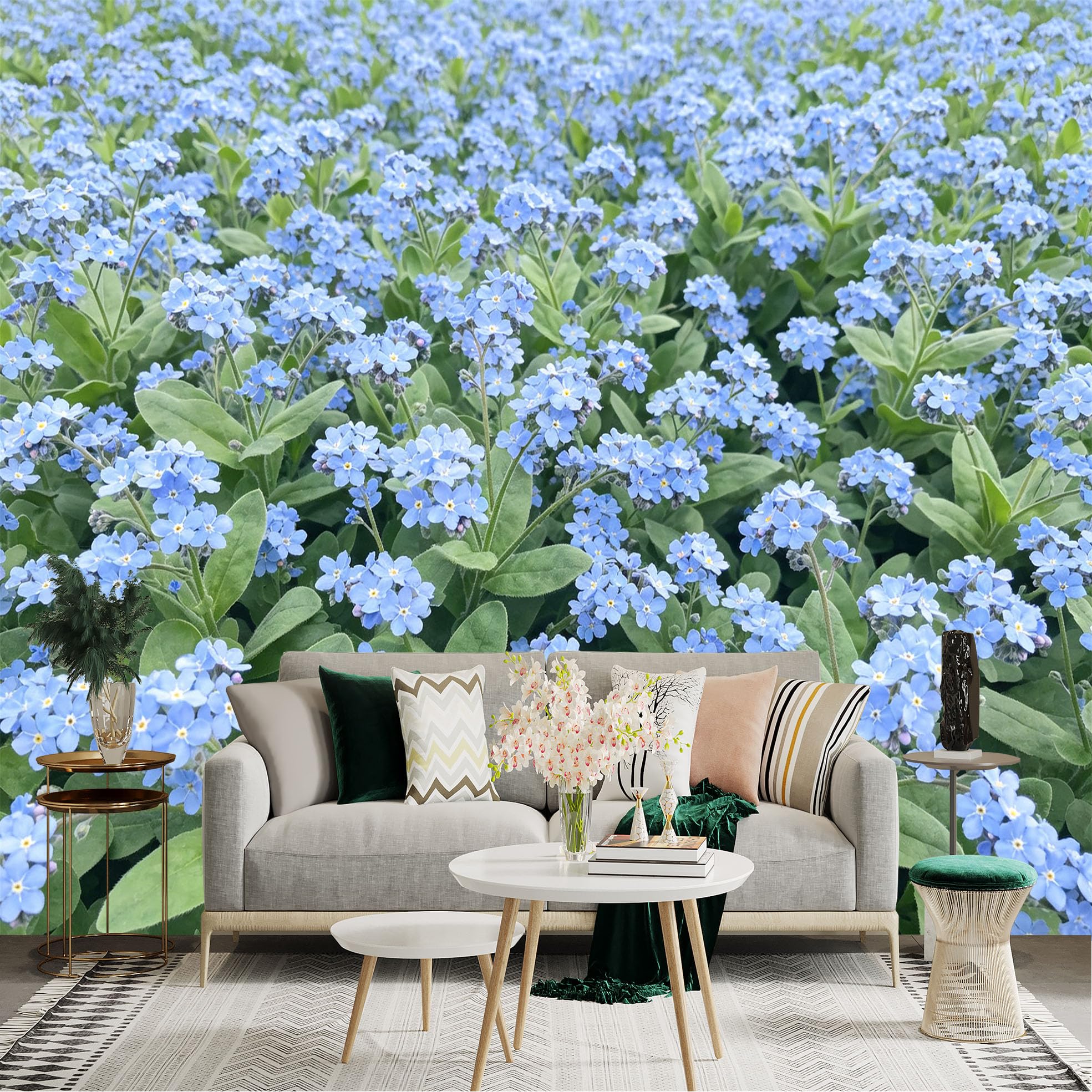 Lnzczhyre Dbh260521034 Custom Size Wall Sticker Mural， Blue Forgetmenot Flower Field， Floral Nature Scenery， Blooming Botanical Garden， For Wall Decoration， Peelandstick Wall Decals.