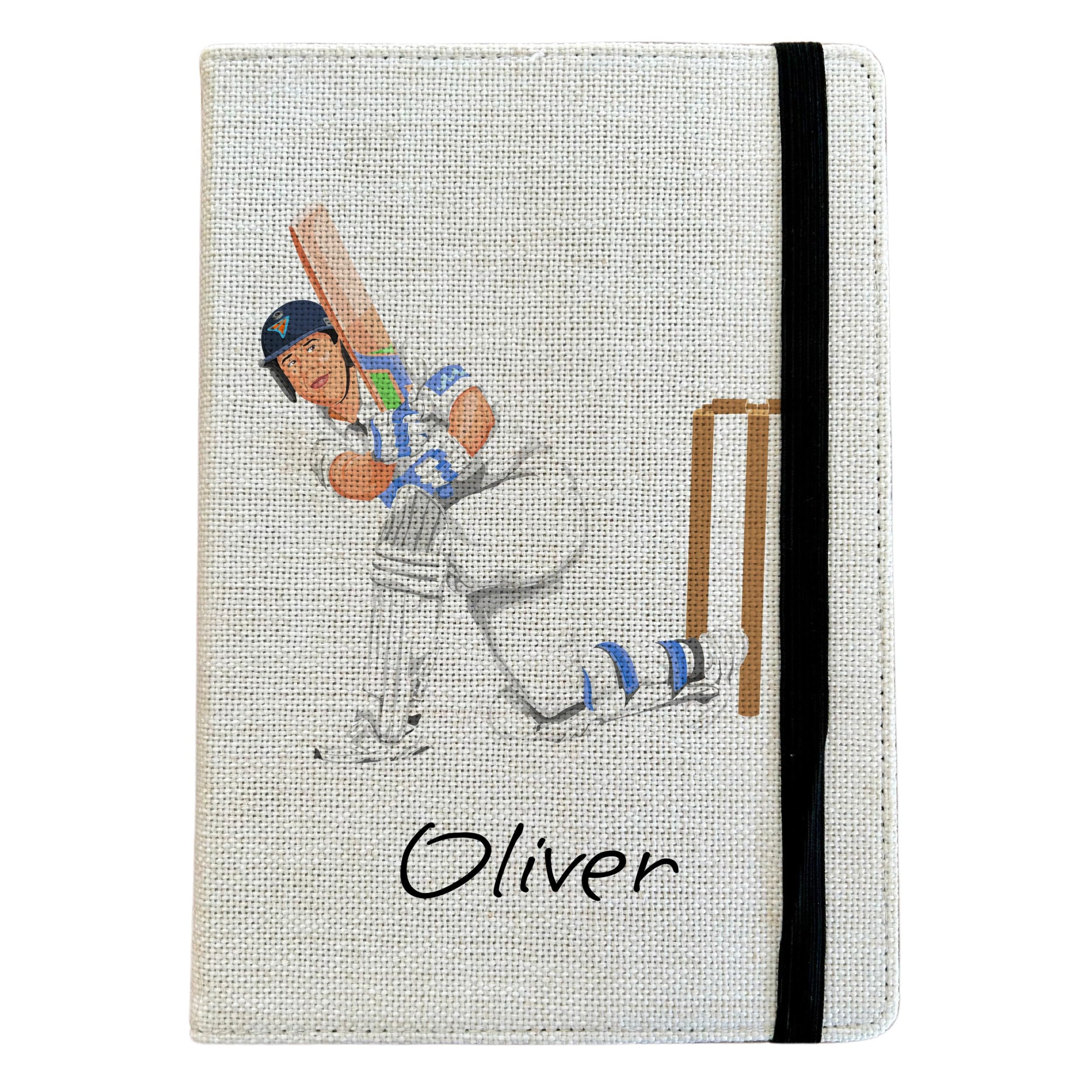 Personalised Cricket A5 Notebook - Custom Sports Lined Journal - Reusable Training Notebook Cover - Linen Hardback Journal Cover Gift