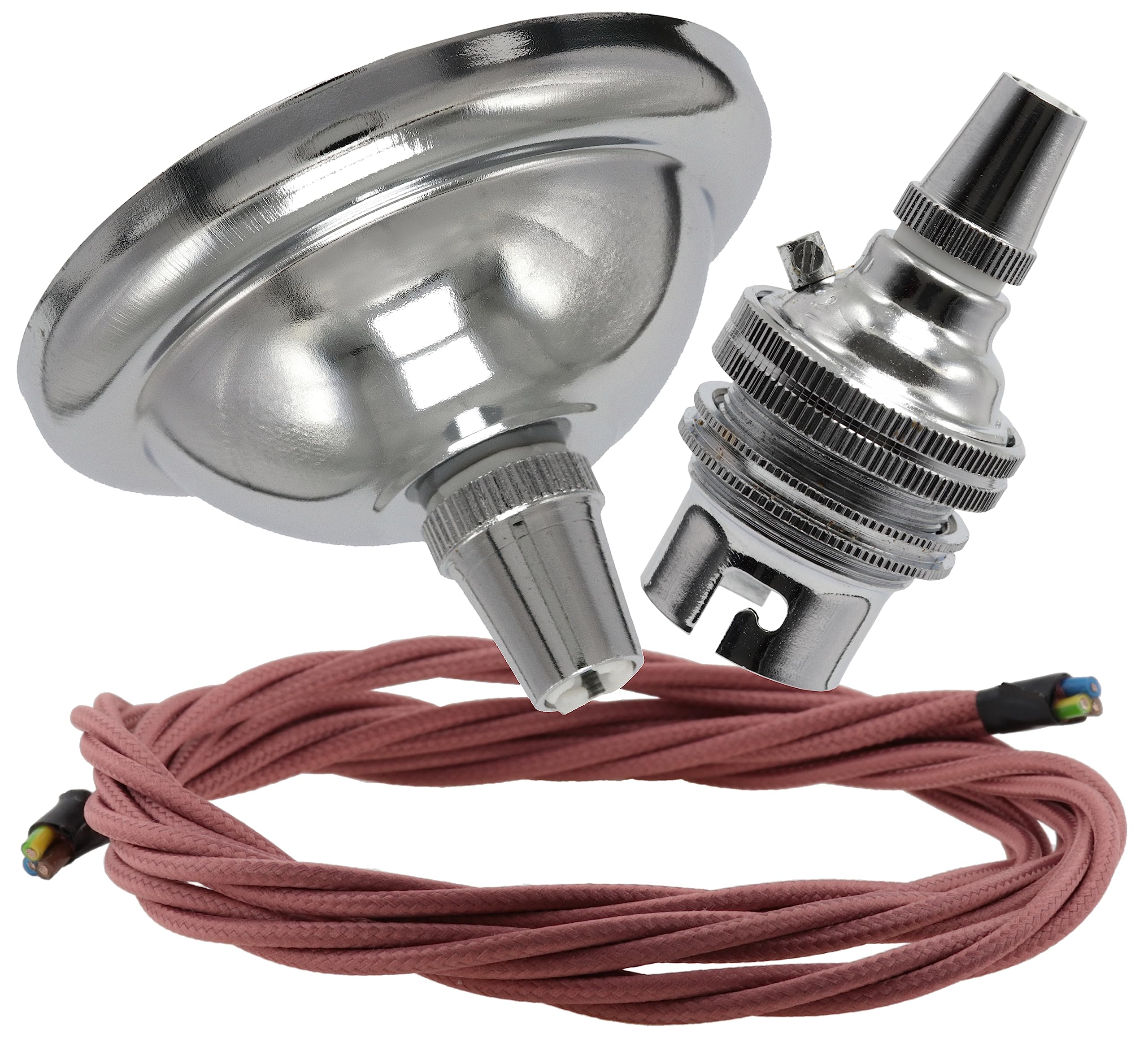 Repaireum Ltd. Vintage Styled Small (67mm) Ceiling Pendant Kit incl. Polished Chrome Effect Rose, B22 Lampholder and 3 Core Dusky Old Pink Braided Twisted Flex