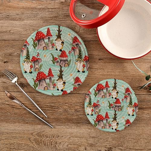 Miniatura 7 de Juego de 2 manteles individuales redondos con forma de gnomos de primavera, con cuerda de algodón verde hongo, juego de soportes para ollas,