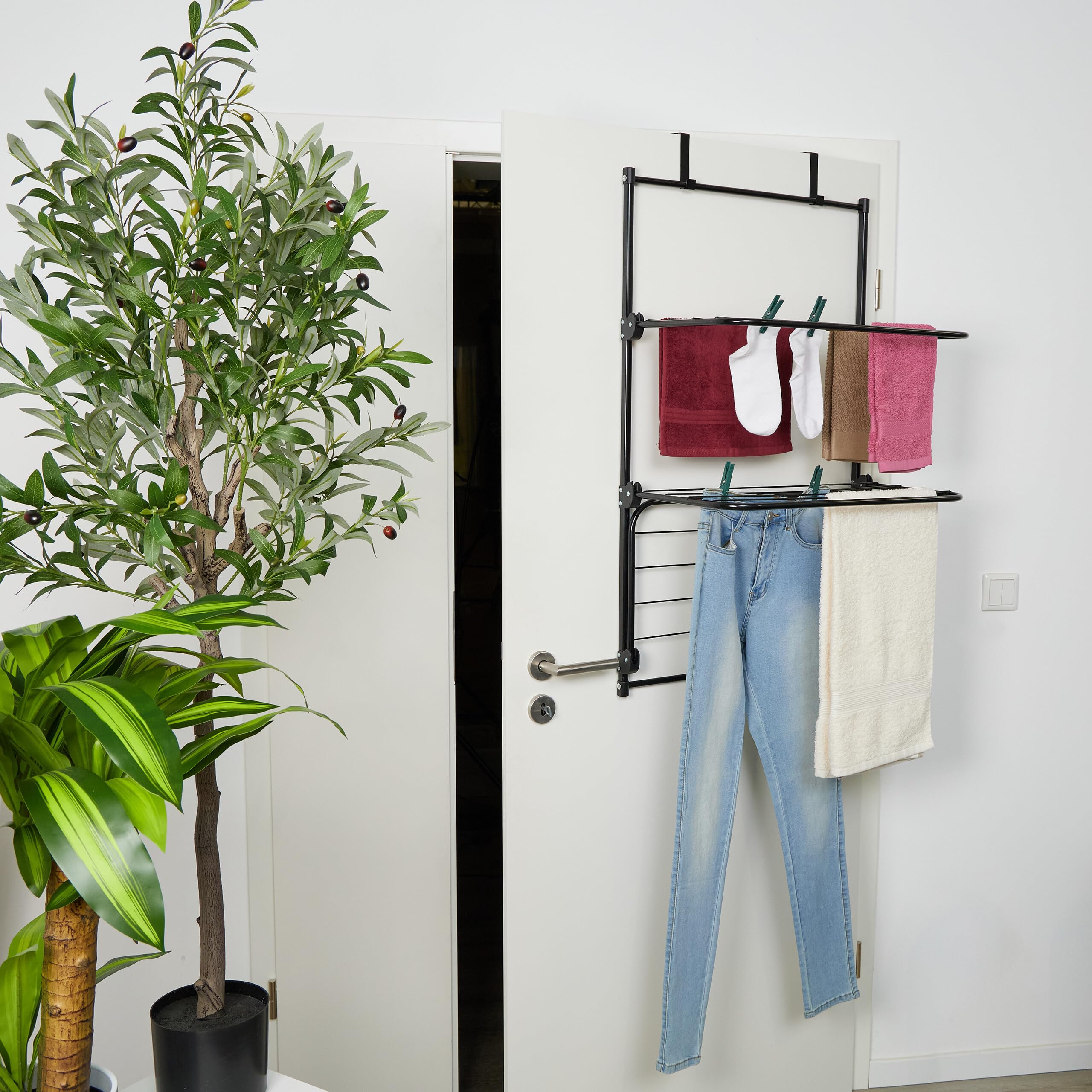 Relaxdays Stendibiancheria da Doccia, Stendino da Appendere Porta, Termosifone, 95x58x31 cm, Spazio Stendere 10 m, Nero
