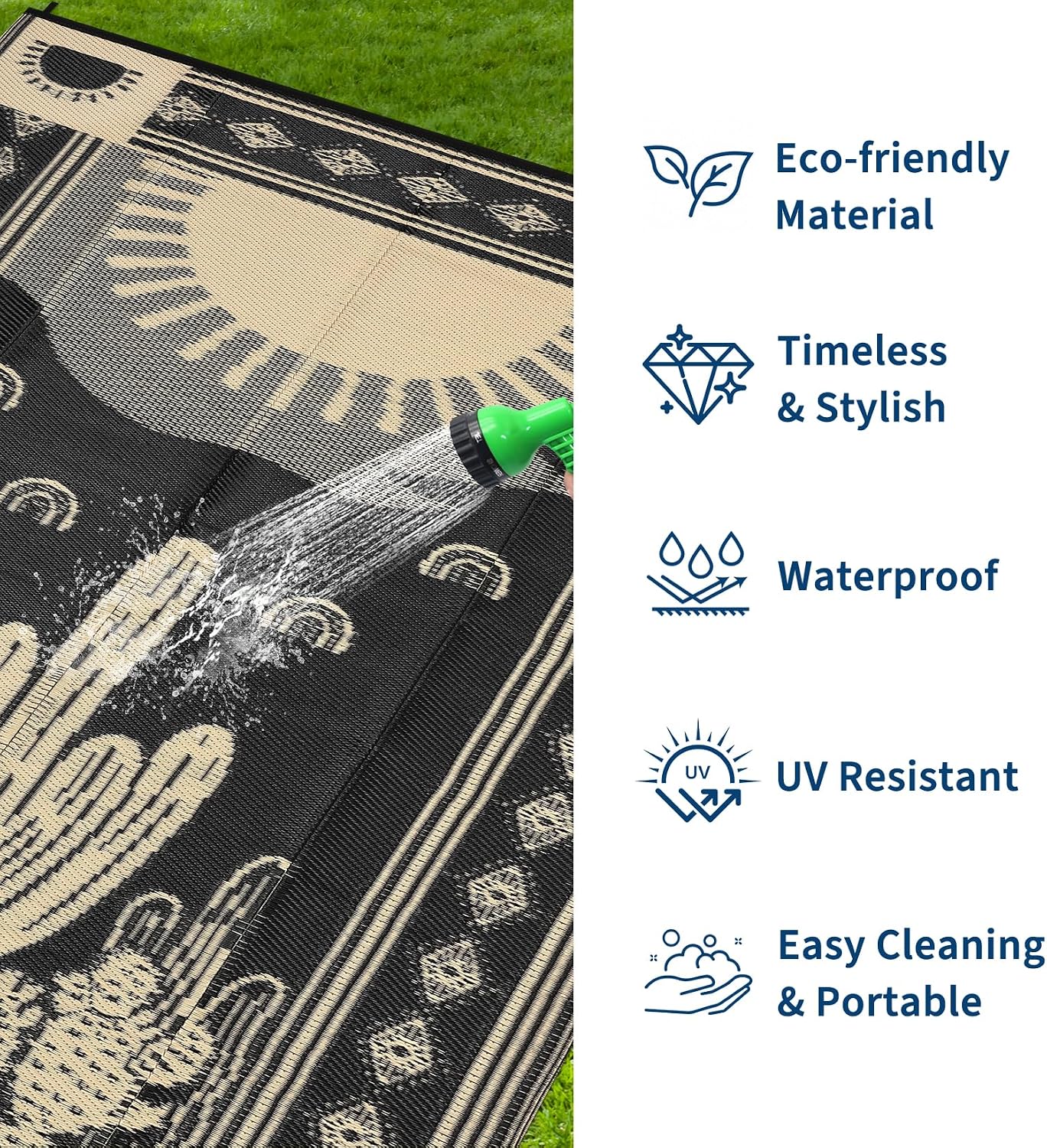 Garvee Waterproof Outdoor Rug 5x8, Cactus Botanical Outdoor Plastic Straw Rug for Camping, Reversible RV Mat Outside, Indoor Outdoor Carpet for Porch, Deck, Backyard, Balcony, Picnic, Black & Brown