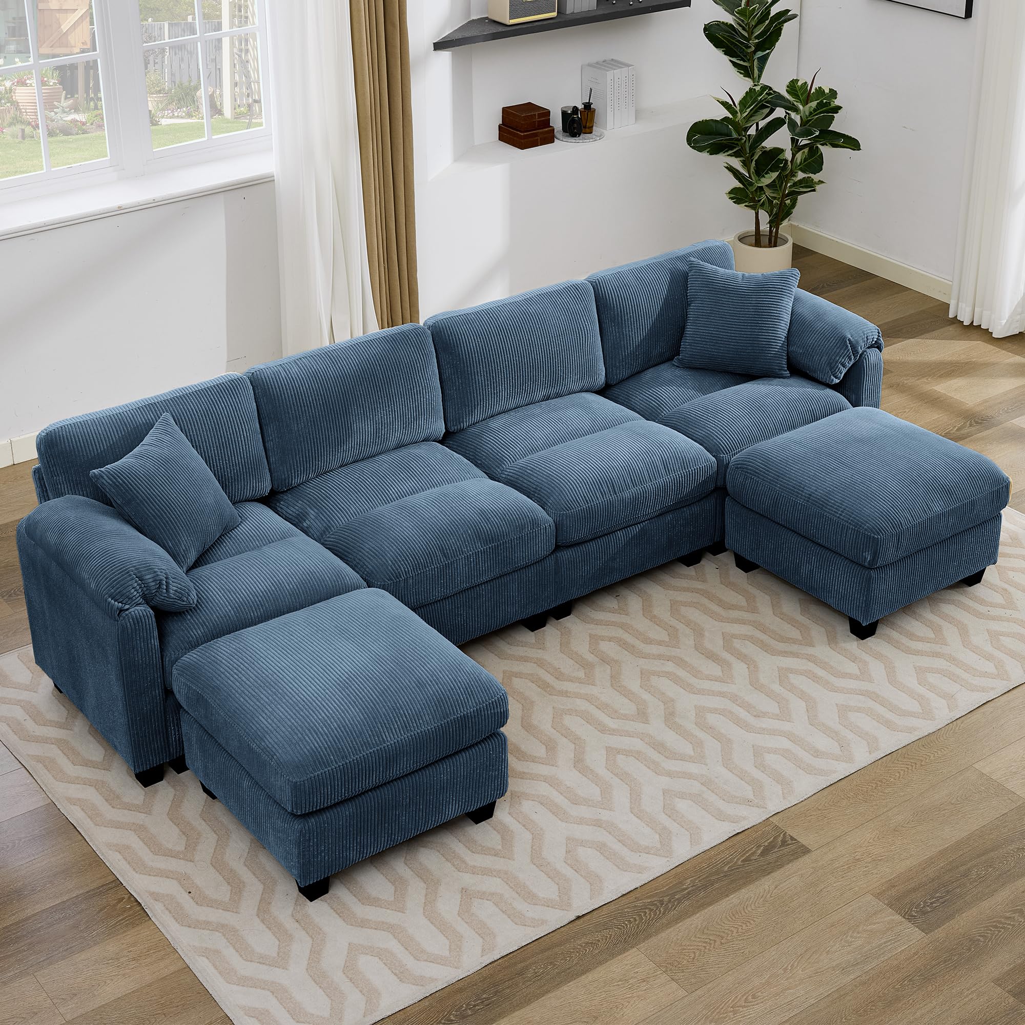 IPKIG 115.6'' U-Shaped Sectional Sofa with Ottoman, Corduroy Modern Modular Cloud Couches for Living Room with 2 Throw Pillows and Deep Seat, Center Stitched Design (Incomplete)