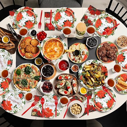 Miniatura 5 de Platos y servilletas de papel de Pascua de Navidad para servir 25, platos desechables de fiesta de flores navideñas, vasos, servilletas, vajilla