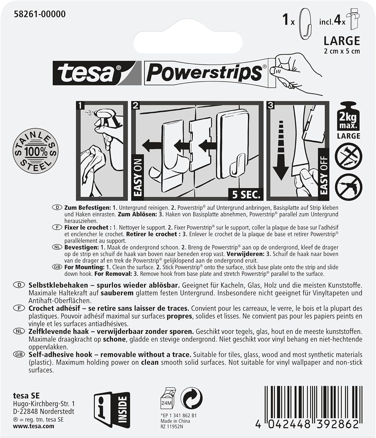 tesa Powerstrips Hook - Self-Adhesive Wall Hook for Glass, Tiles, Wood, Plastic and Other Surfaces - Metal Oval Hook - Powerstrips Technology - Large
