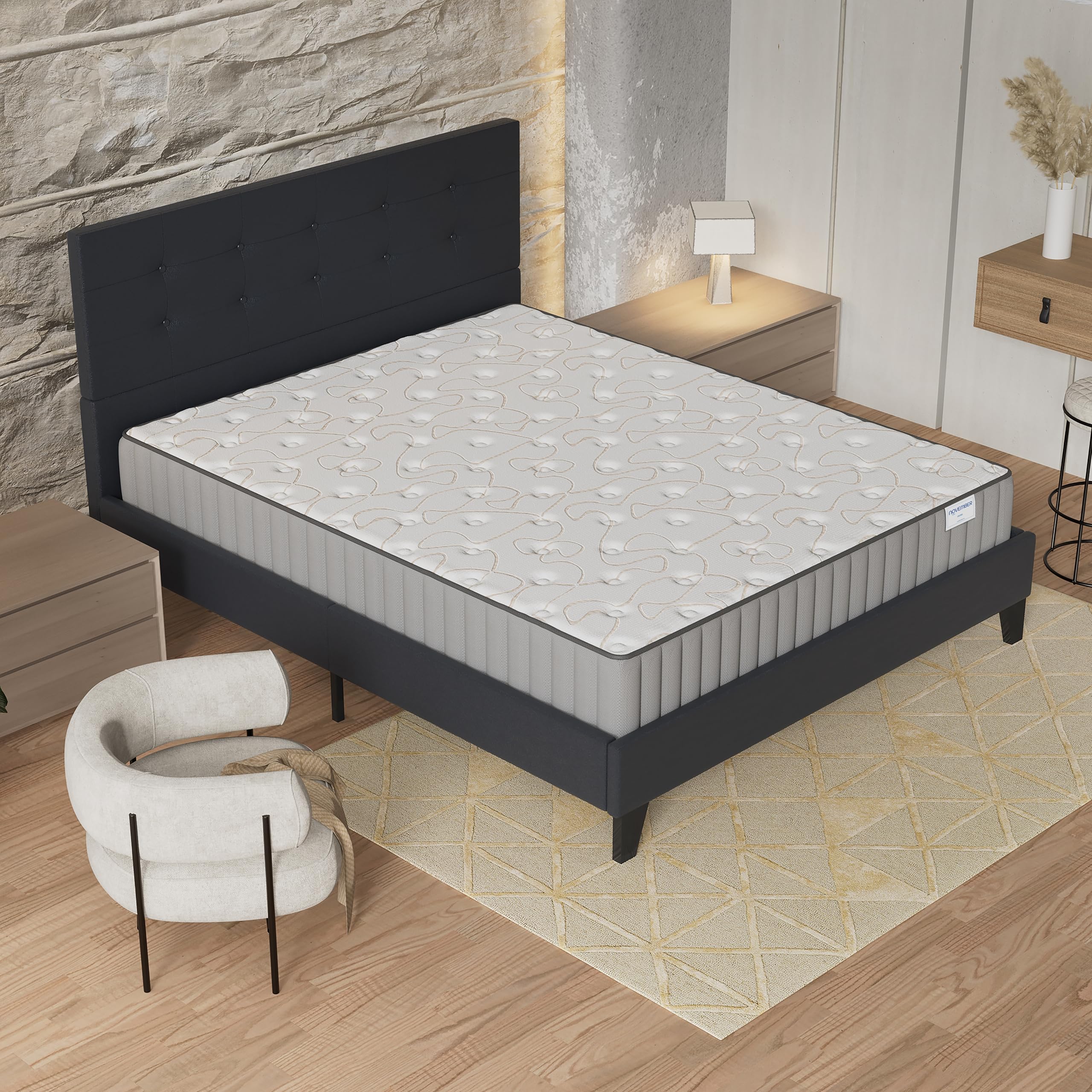 NOVEMBER- Ensemble Matelas + Sommier & tête de lit capitonnée (140 x 190cm)- Matelas Orionis Mousse Mémoire de Forme d’épaisseur 16cm + Lit Stable & Robuste, revêtement synthétique Noir