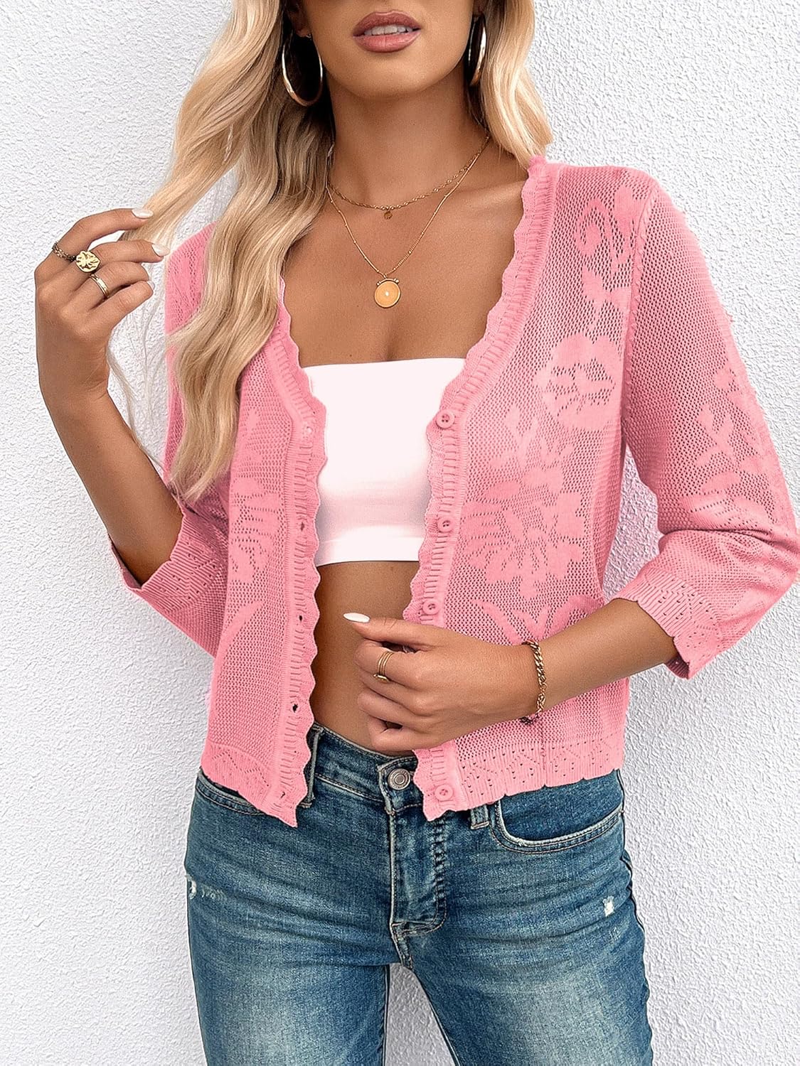 Kate Kasin Women's Cropped Cardigan Sweaters Trendy Lightweight 3/4 Sleeve Button Down Crochet Textured Shrugs Top - Image 4