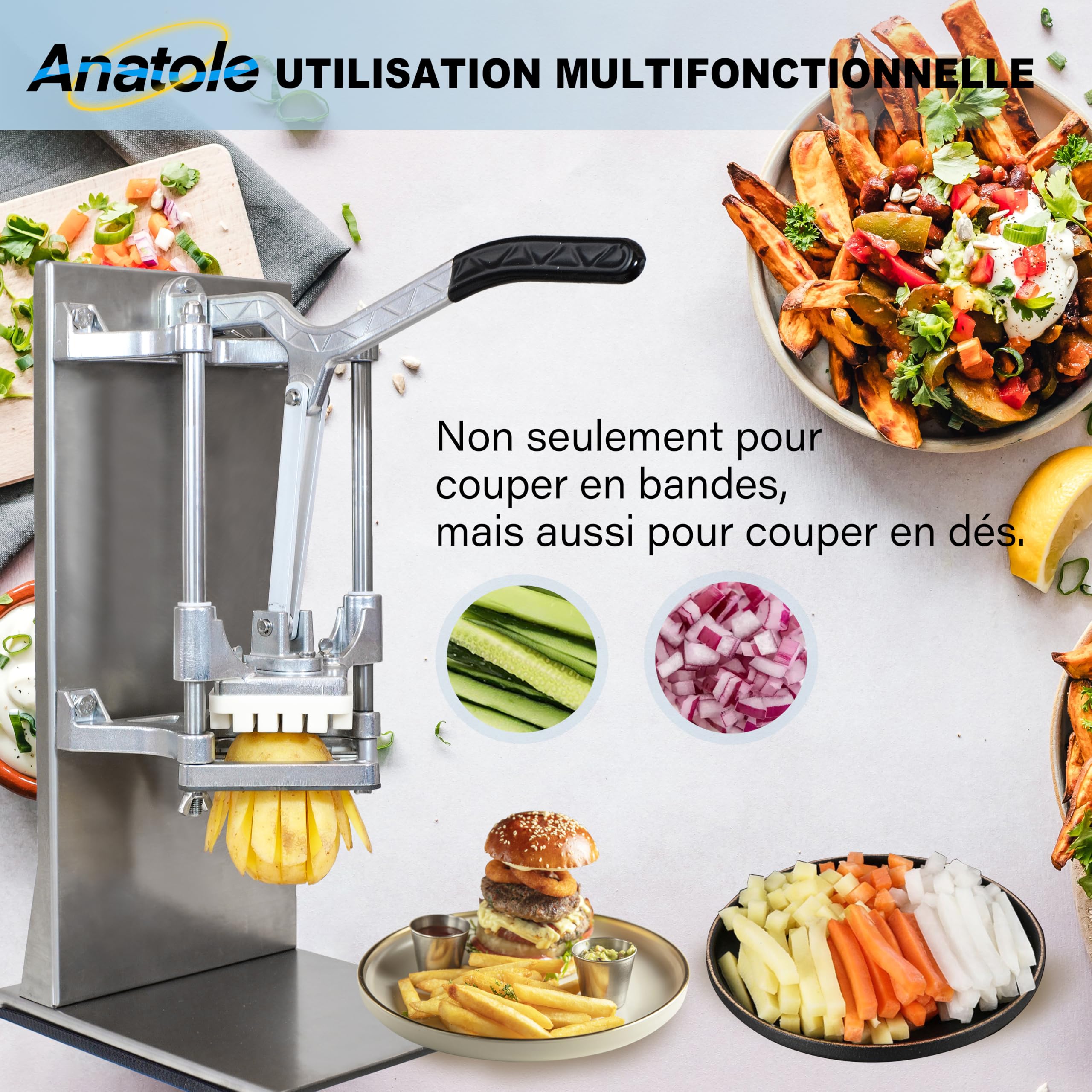 Anatole Coupe-Frites Professionnel avec 6/9/13mm 8-Coin Lames en Acier Inox | Modèle Vertical - Moins d'efforts, Grand, pour Pommes de Terre Carotte Oignon Concombre Fruit, pour Restaurant Hôtel Maison