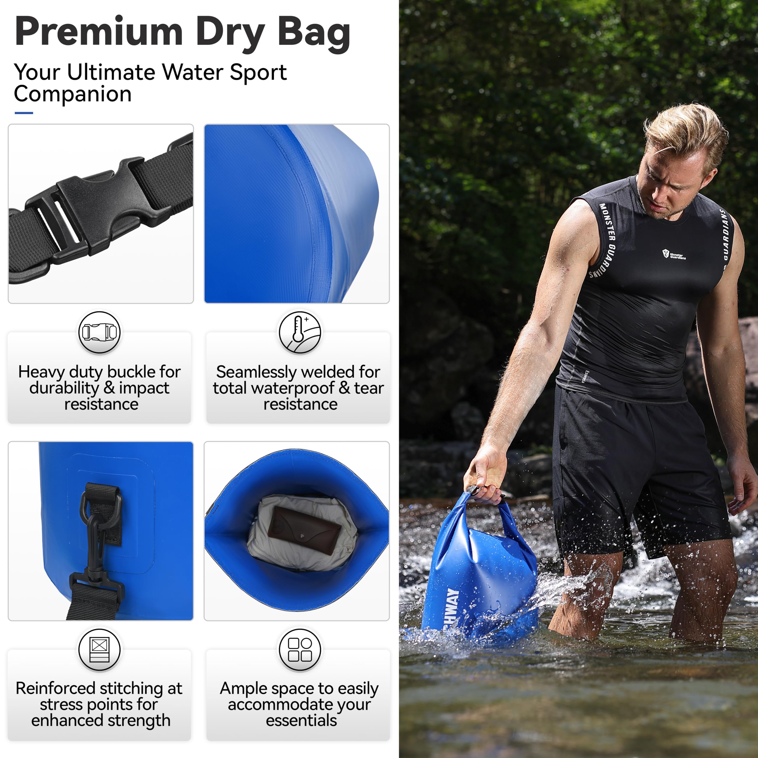MARCHWAY Mochila Impermeable Flotante de 5L/10L/20L/30L/40L, Saco Enrollable Que Mantiene el Equipo seco para Kayak, Rafting, canotaje, natación, Camping, Senderismo, Playa, Pesca, Azul Oscuro, 10 L