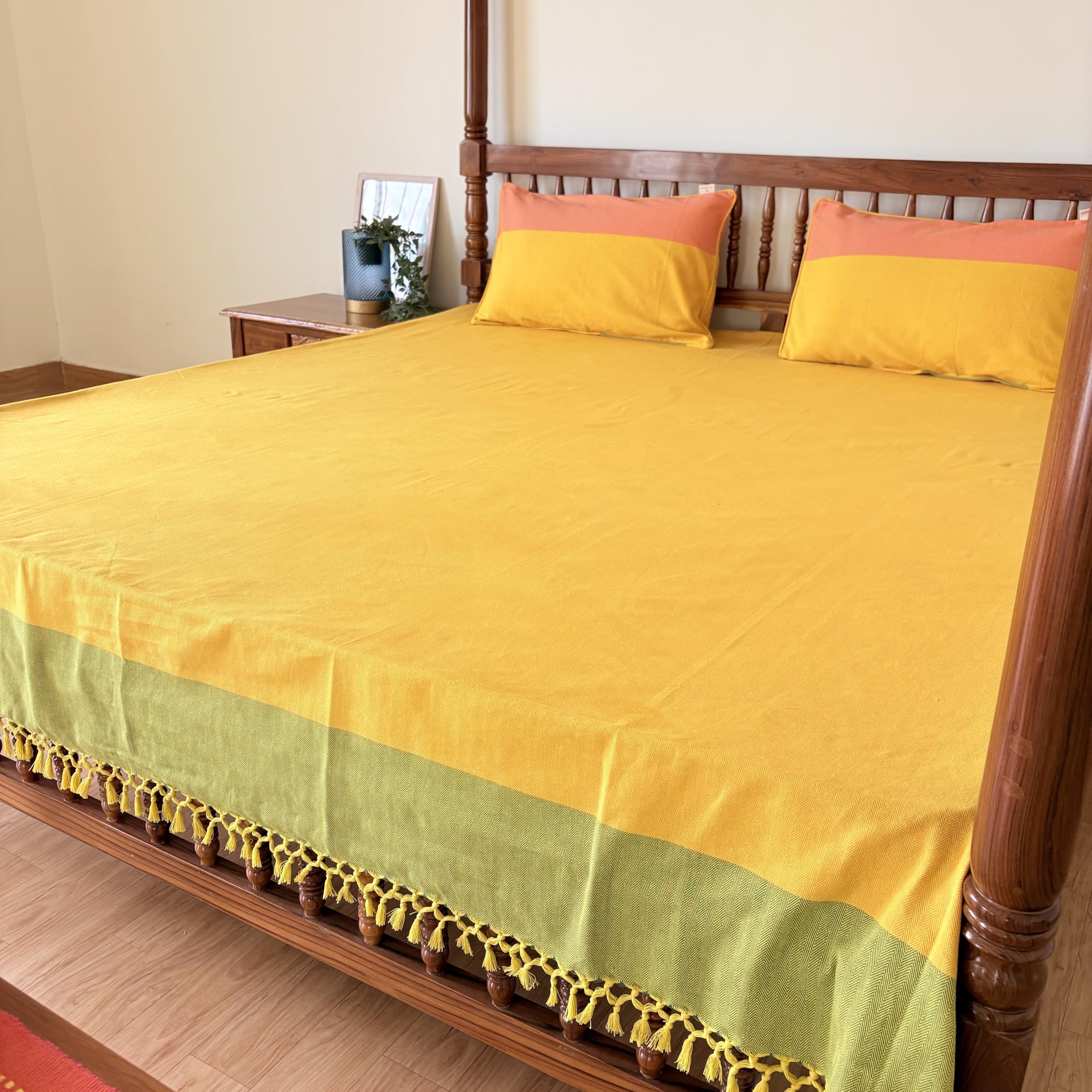 RANGBHAR Handloom Premium Bedsheet King Size | 100% Cotton Bed Sheet with 2 Pillow Covers | Hand Woven, Striped Bed Covers, 200 TC | Elegant Bedcover Flat Sheet | King Size 100 x 98 inch - Yellow-image-39