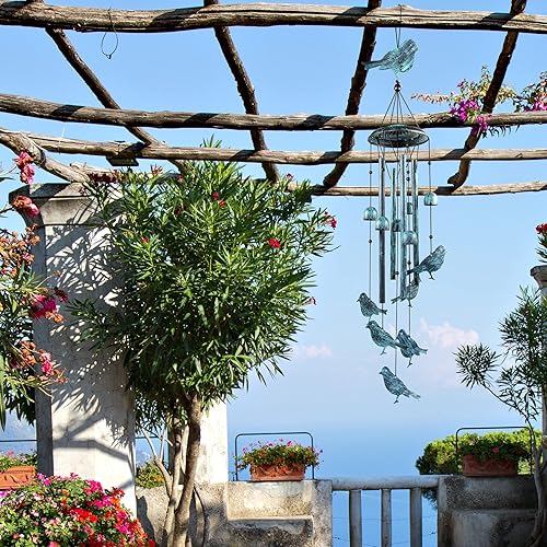 Miniatura 5 de Monsiter QE Campanillas de viento de pájaros para exteriores, campanillas de viento para exteriores con 4 tubos grandes de aluminio y gancho en S,