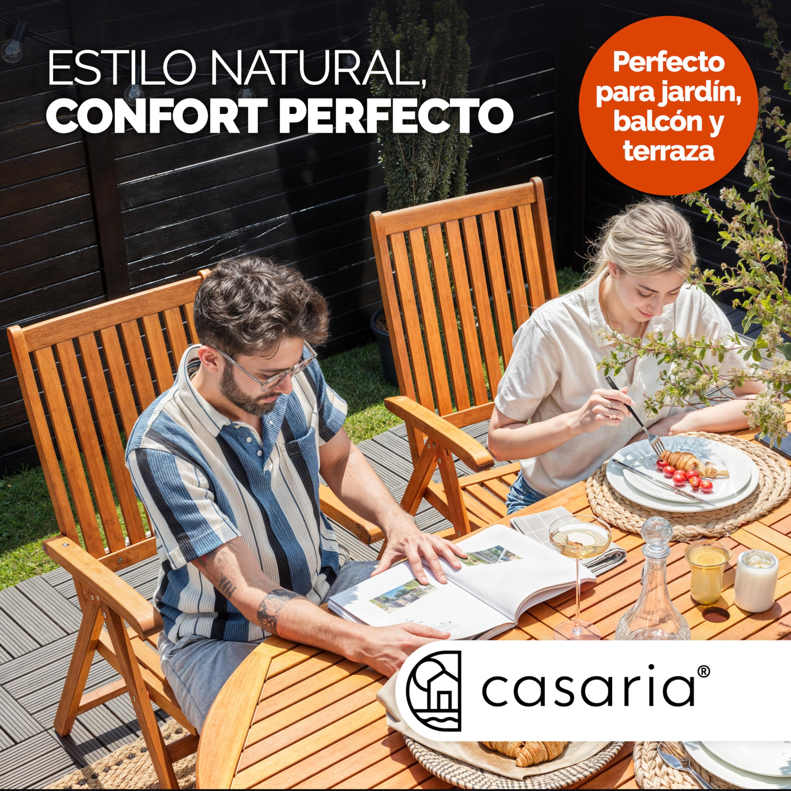 Casaria® Set 4x Sillas de Jardín Exterior Plegables Madera Eucalipto Certificada FSC® Asiento Respaldo Regulable Apoyabrazos Mobiliario Apilable Invernadero Balcón Terraza Patio Camping 55x70cm Marrón