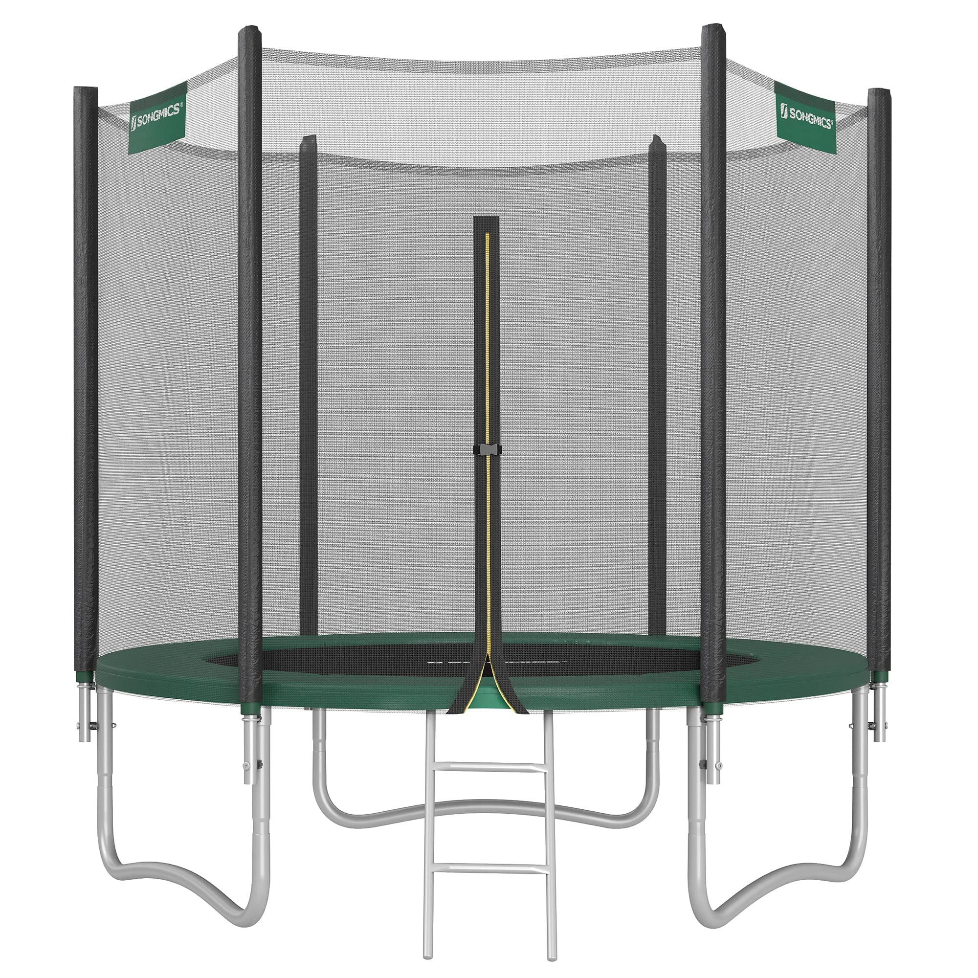 SONGMICS Trampoline Extérieur Enfant Diamètre 244 cm, Filet de Protection Externe, Coussins de Sécurité, Échelle, Poteau Droit de 180 cm de Haut, Cadre en Acier, Noir et Vert STR081C01