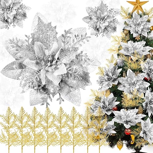 Miniatura 1 de 48 piezas de flores de pascua de Navidad con purpurina y tallos de bayas flores de pascua artificiales para árbol de Navidad Año Nuevo decoración de