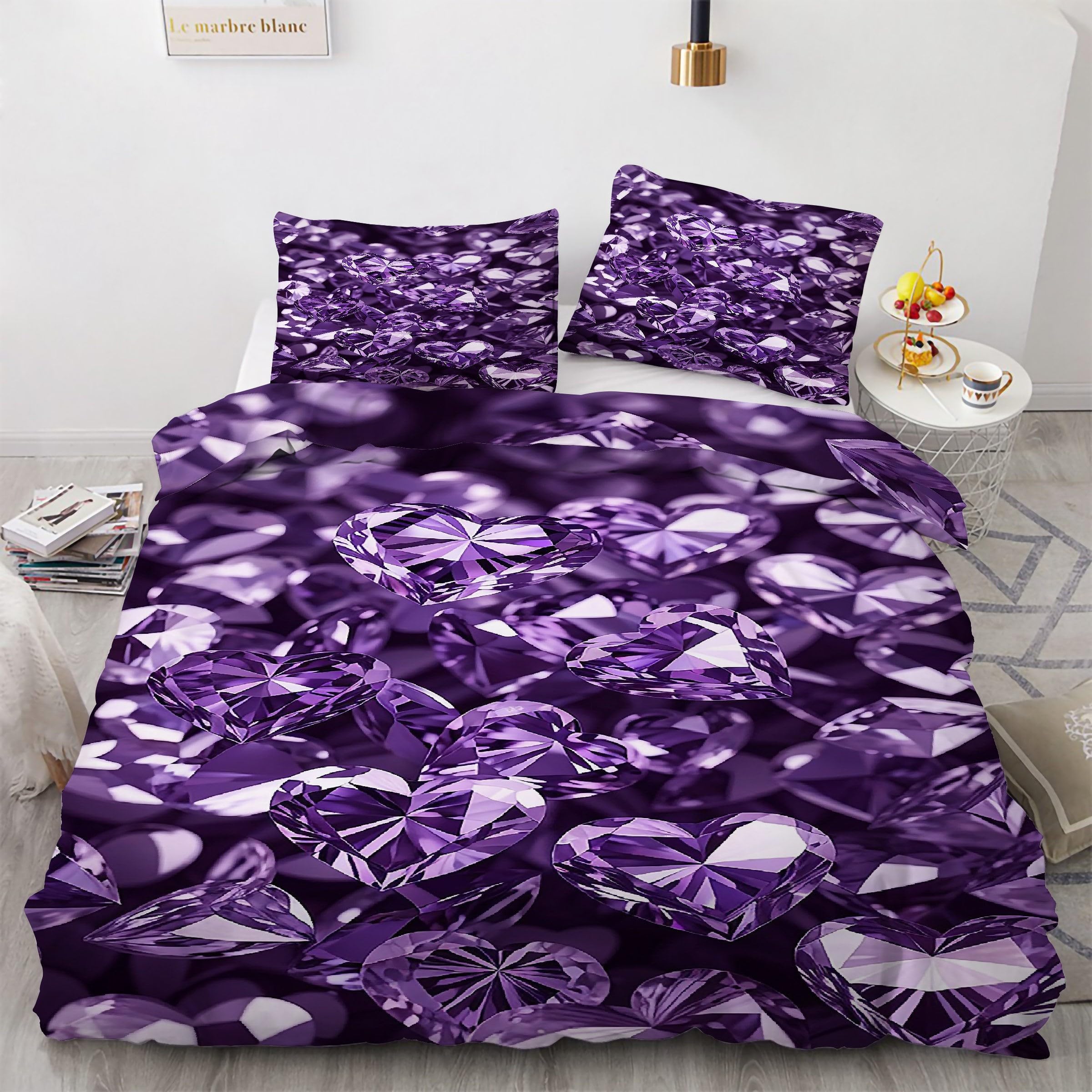 Parure de Lit 3 Pièces Anti-Froissement Violet Cristal d'amour pour Grand Lit Adulte