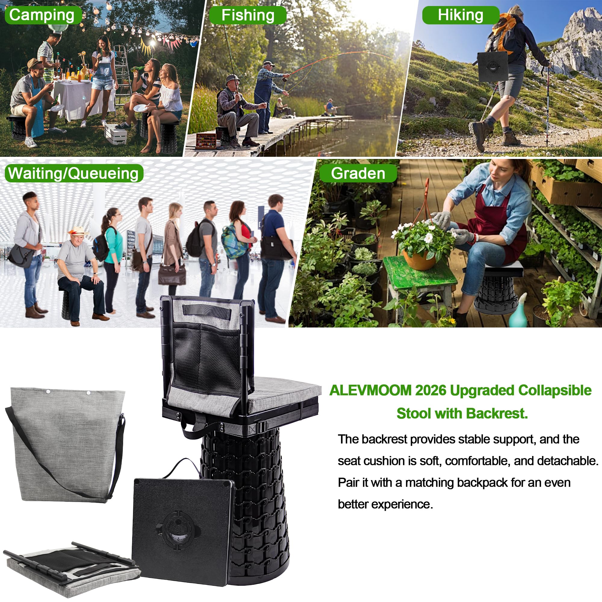 ALEVMOOM Sgabello pieghevole con schienale, cuscino e borsa, sgabello telescopico portatile, resistente, capacità di carico 453,6 kg, sedia pieghevole quadrata per campeggio, giardinaggio, pesca