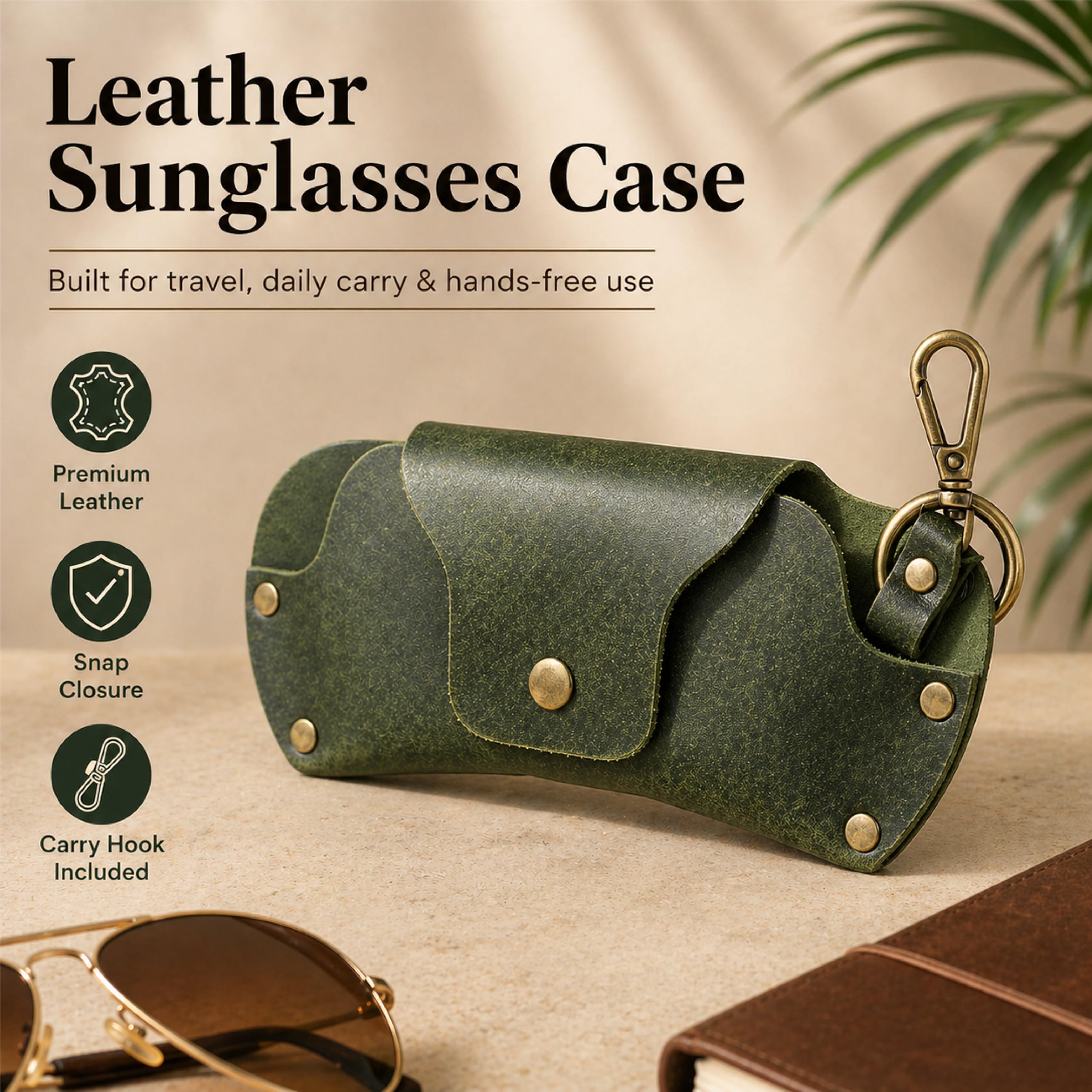 TheAntiq Custodia per occhiali da sole in pelle con cordino - Porta occhiali da vista fatta a mano con chiusura a scatto, custodia protettiva da viaggio per occhiali, uomo e donna, 7 x 7 cm, verde