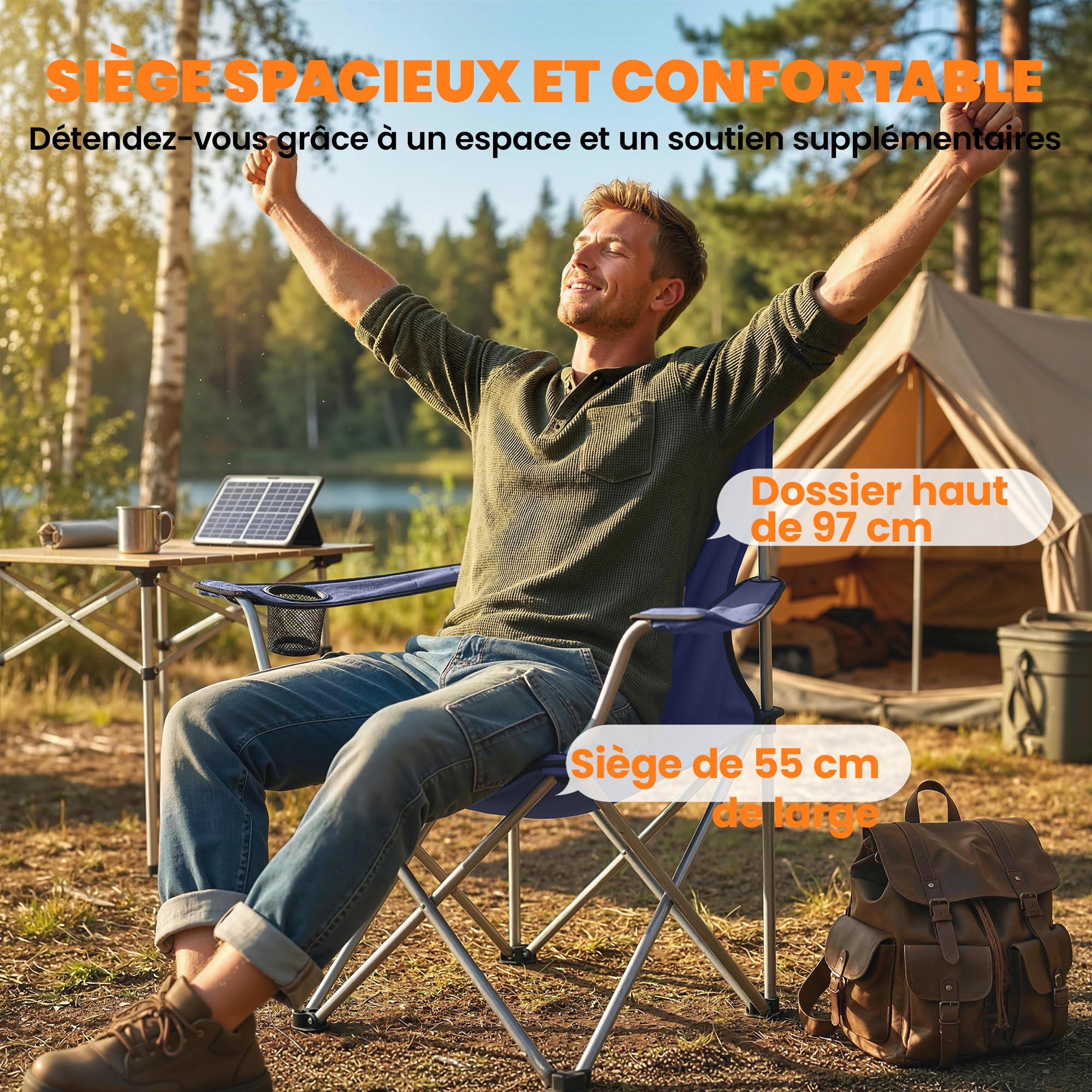 Outsunny Lot de 2 Chaises de Camping Pliantes, avec Porte-Gobelet, Sac de Transport, Accoudoirs et Dossier Haut, Chaise Pliante Camping pour Jardin Pêche, Charge 120 kg, Bleu Foncé