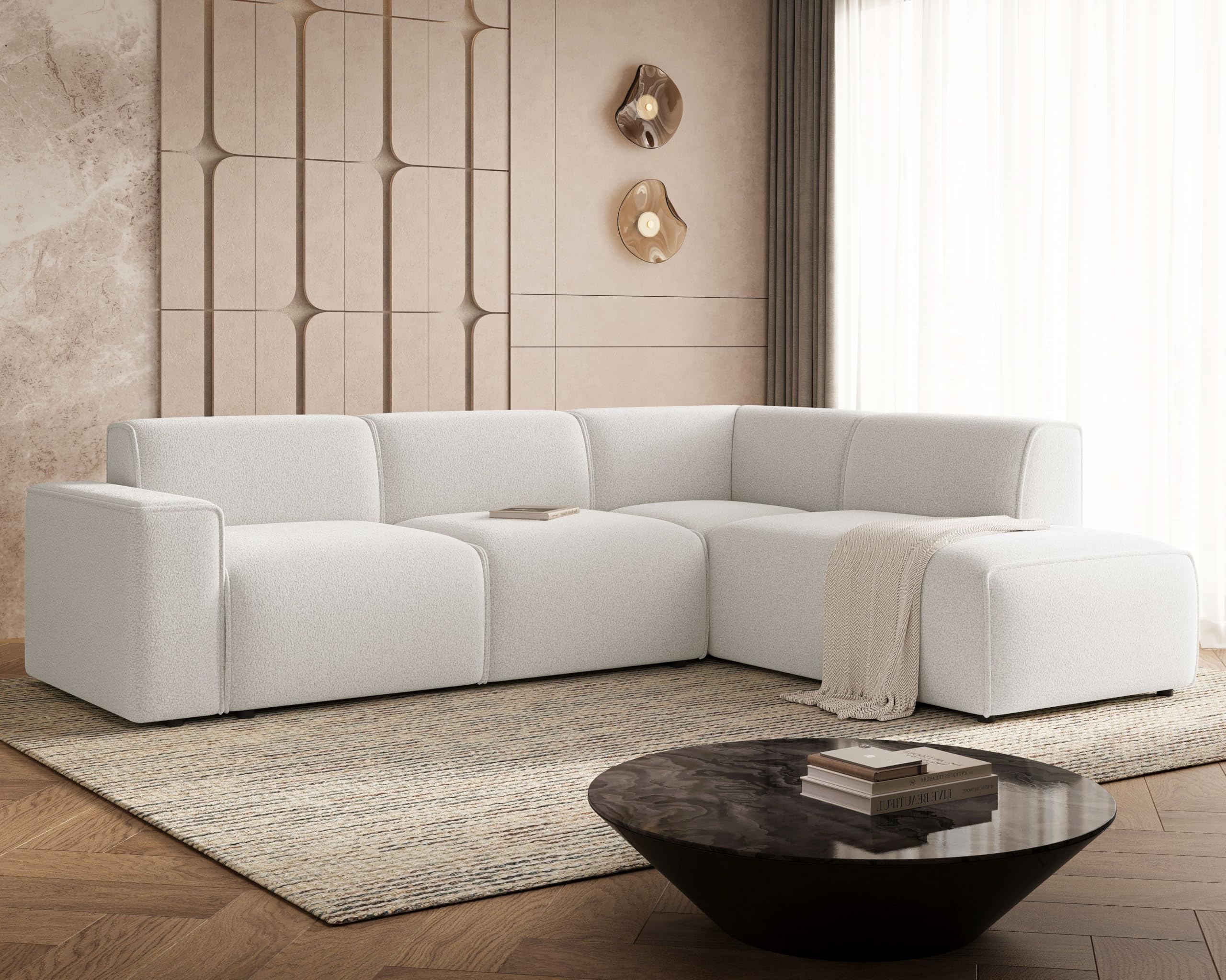 GRAINGOLD Eluno Ecksofa 292x220 cm, L-Form Sofa, Sofa für Wohnzimmer, Bouclé Stoff, 4-Sitzer Eckcouch, Modernes Design (Weiß, Rechts)
