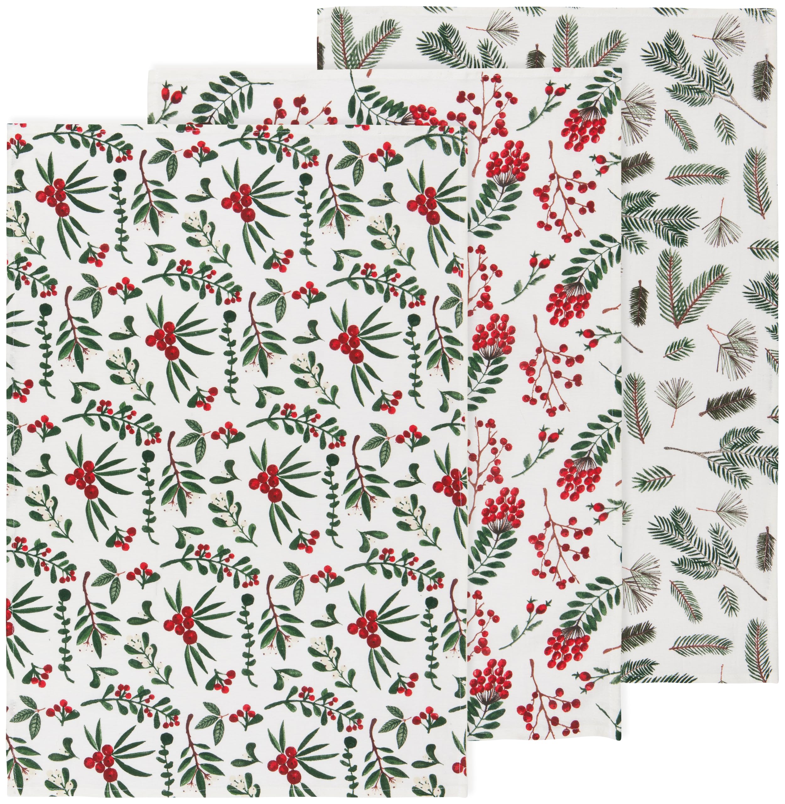 Now Designs Winterberry Baker's Floursack Christmas Dishtowels Set of 3 - Festive Kitchen Towels for Holiday Baking