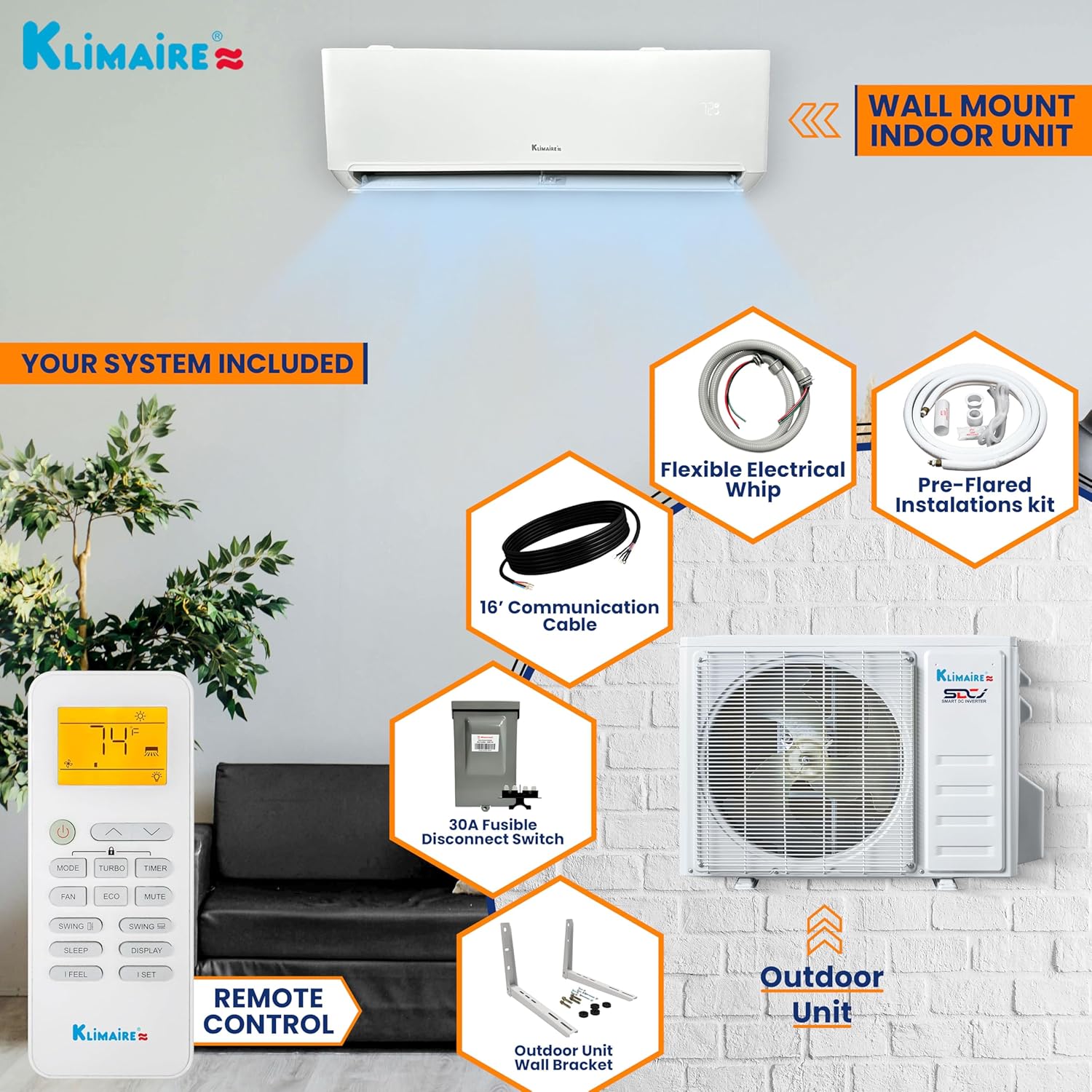 Diagram showing the Klimaire mini split system components including indoor unit, outdoor unit, remote, flexible electrical whip, pre-flared installation kit, communication cable, disconnect switch, and outdoor unit wall bracket.