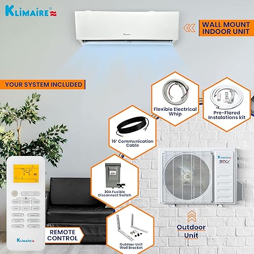 Miniatura 2 de Klimaire 18,000 BTU 22 SEER2 montado en la pared Mini Split Inverter AC Sistema de bomba de calor con kit de instalación de 16 pies y soporte de