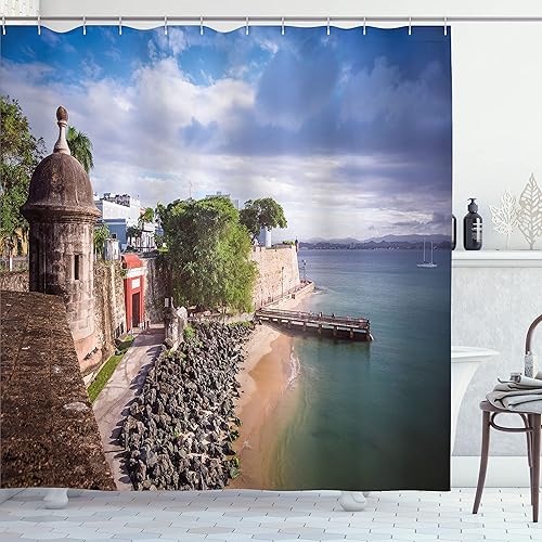 Lunarable Puerto Rico Shower Curtain, Coast Area with Old Buildings