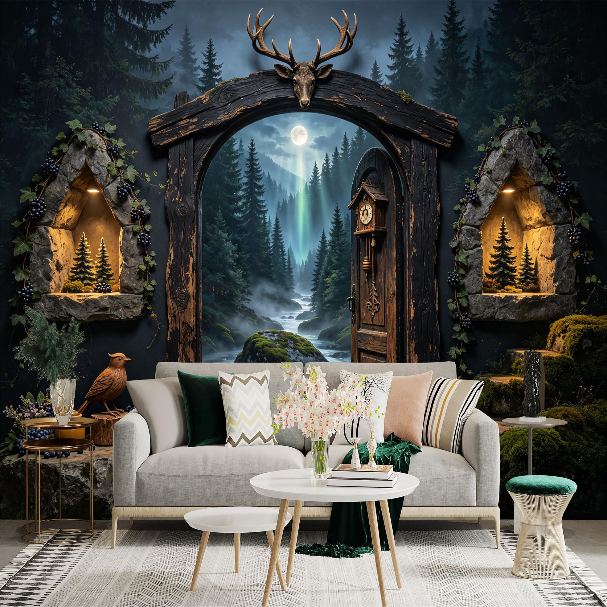 Custom Size Wall Sticker Mural， Moonlit Forest Stream with Rustic Wooden Door and Deer Antlers， for wall Decoration， peelandstick wall Decals.