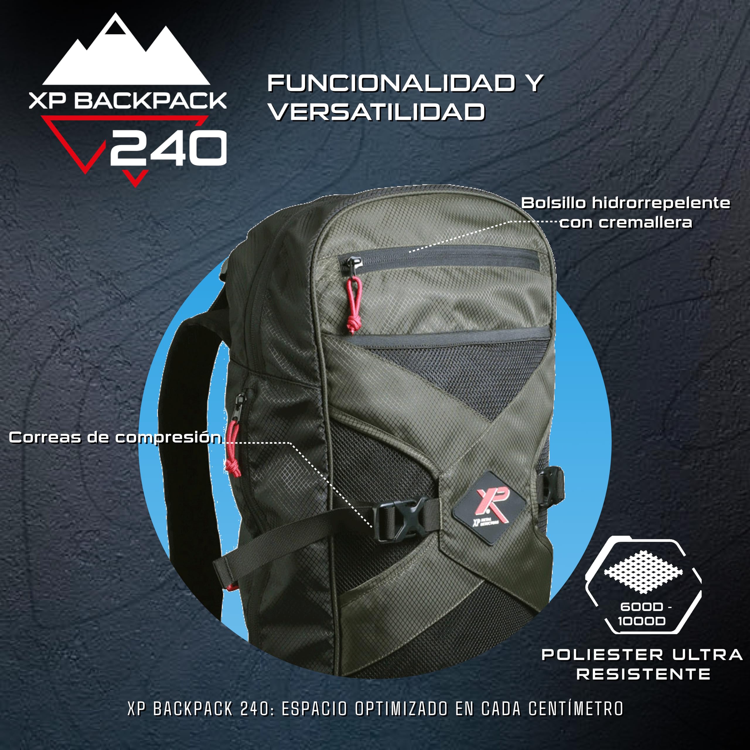 Mochila XP Metal Detectors 240, Mochila Ligera y Robusta Especialmente diseñada para detectores de Metales, ergonómica y cómoda con más de 10 Bolsillos y Compartimentos dedicados (XPBACKPACK240)