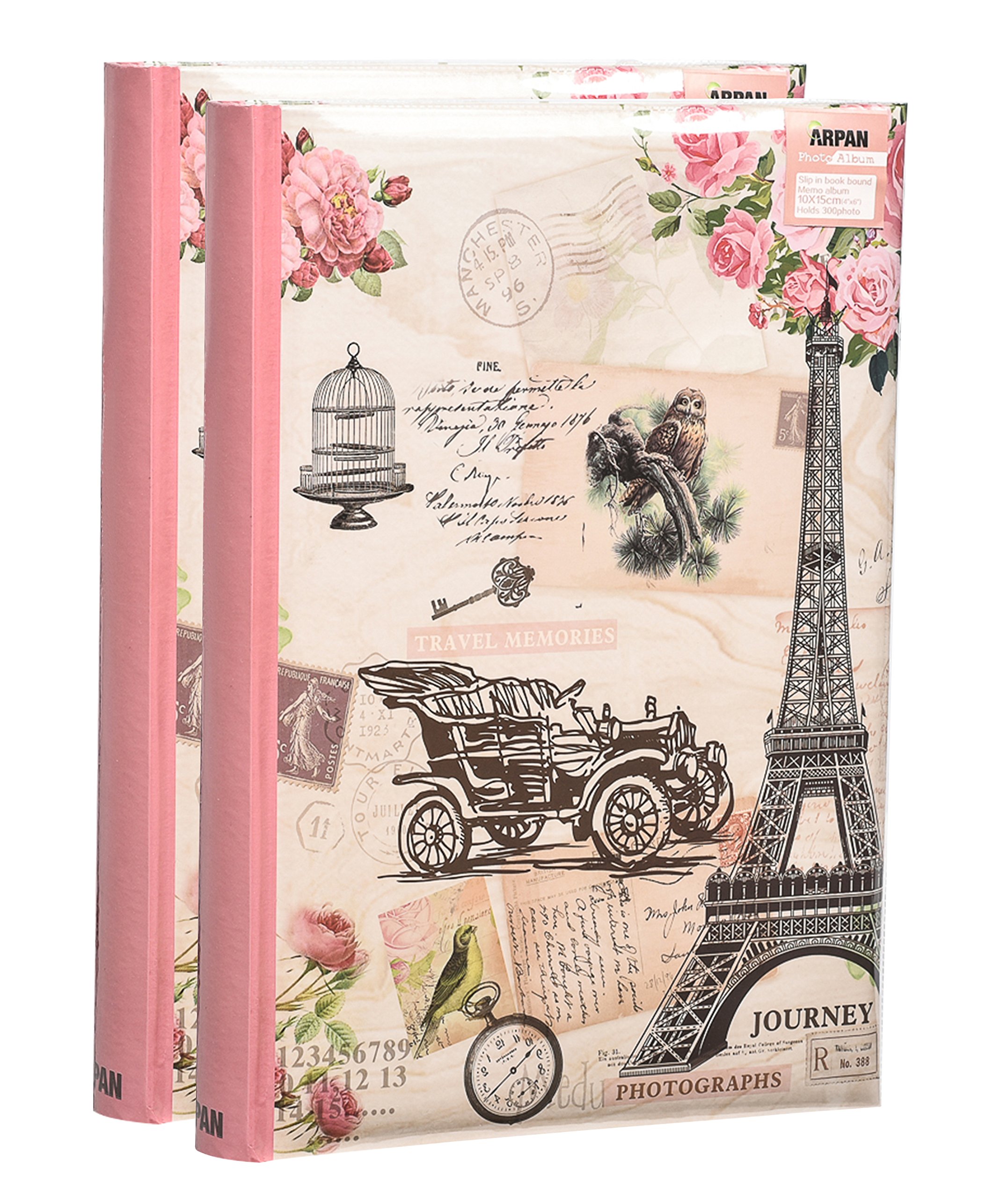 ARPAN Set of 2 Photo Albums – Memo Slip-In Design for 300 Photos 6x4 – Vintage Travel Theme 300 Photo Album with Writing Space, CD/DVD Pocket & Index – Perfect Photo Album 300 Photos 6x4