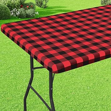misaya Buffalo Rectangle Picnic Tablecloth, 6 Foot Elastic Fitted Vinyl Table Cloth with Flannel Backing, Waterproof Plaid Table Covers for Dining, Camping, Outdoor Black and Red, 30" x 72"