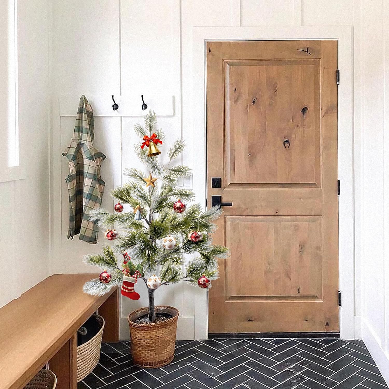 38” Flocked Christmas Artificial Trees Snowed Faux Pine Cones UV-Resistant Indoor Outdoor DIY Xmas Decoration, 2pcs