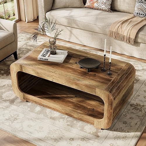 Miniatura 4 de LITTLE TREE Mesa auxiliar de granja de 47 pulgadas para sala de estar, mesa central rectangular de madera de 2 niveles con almacenamiento abierto,