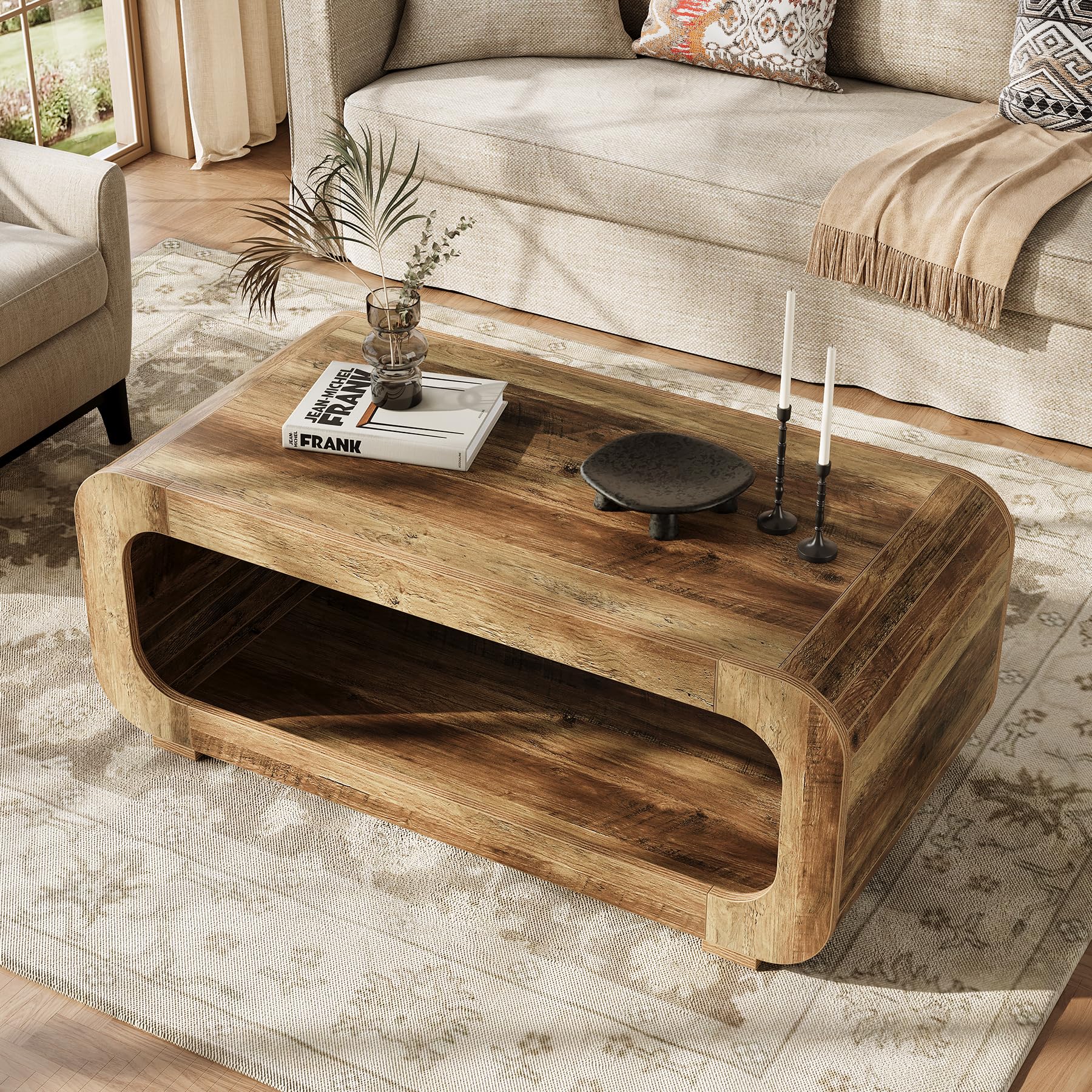 Tribesigns Couchtisch 120 cm mit offenem Stauraum, Rechteckiger Holz Wohnzimmertisch, Sofatisch mit 2 Ablagen, Kleiner Beistelltisch für Homeoffice, Wohnzimmer, Rustikal Braun