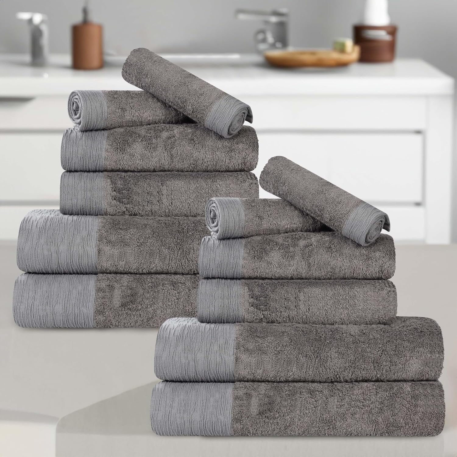 Superior Rayon from Bamboo Blend 12-Piece Towel Set, Luxury Quick Dry, Bathroom Essentials, Shower, Spa, Plush Soft Absorbent Towels, Includes 4 Bath, 4 Hand, 4 Washcloth/Face Towels, Charcoal