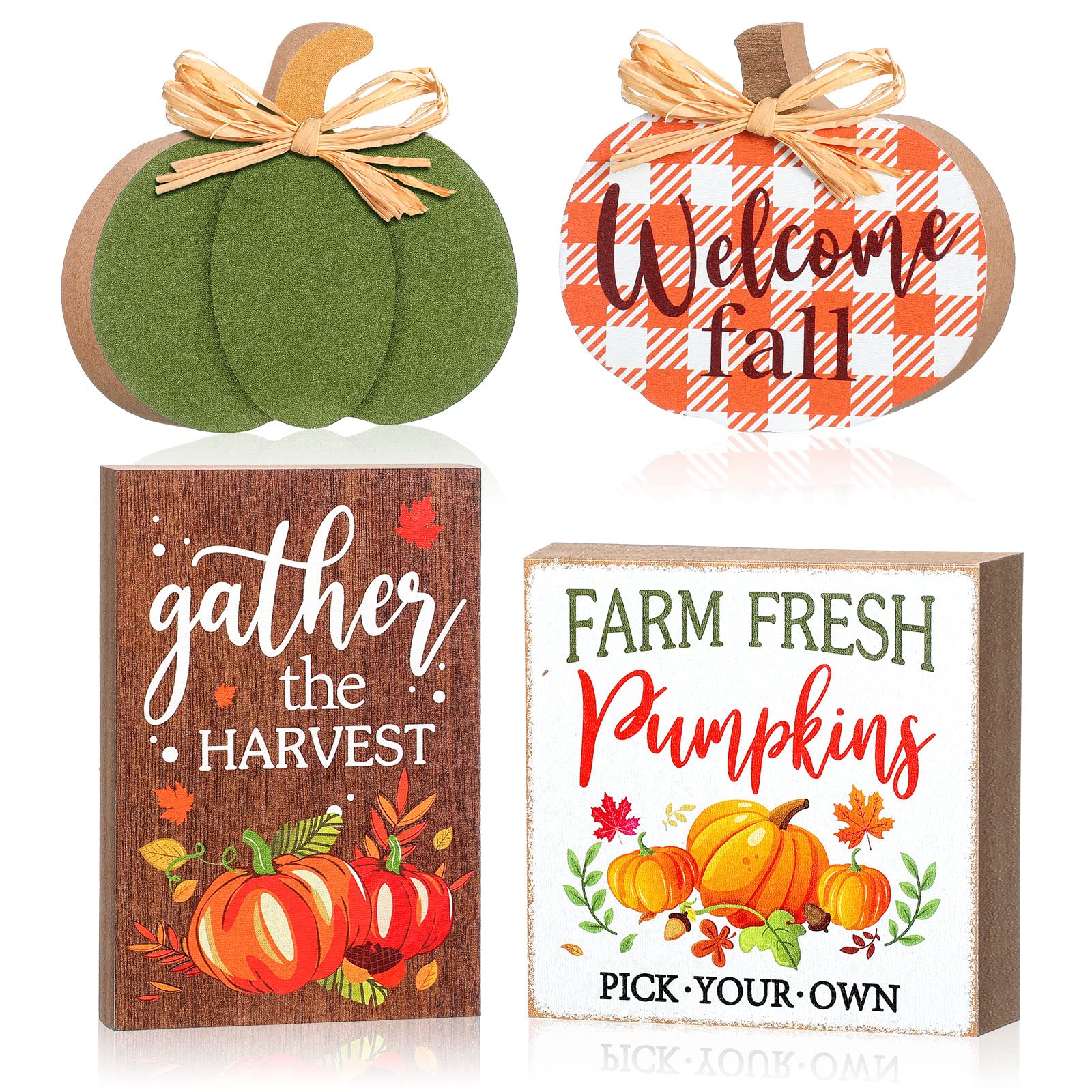 4 Piece Plaid Pumpkin Welcome Tabletop Signs Harvest Tray Decor Farm Fresh Table Signs Freestanding Wooden Fall Decor for Thanksgiving Farmhouse Home Table Shelf