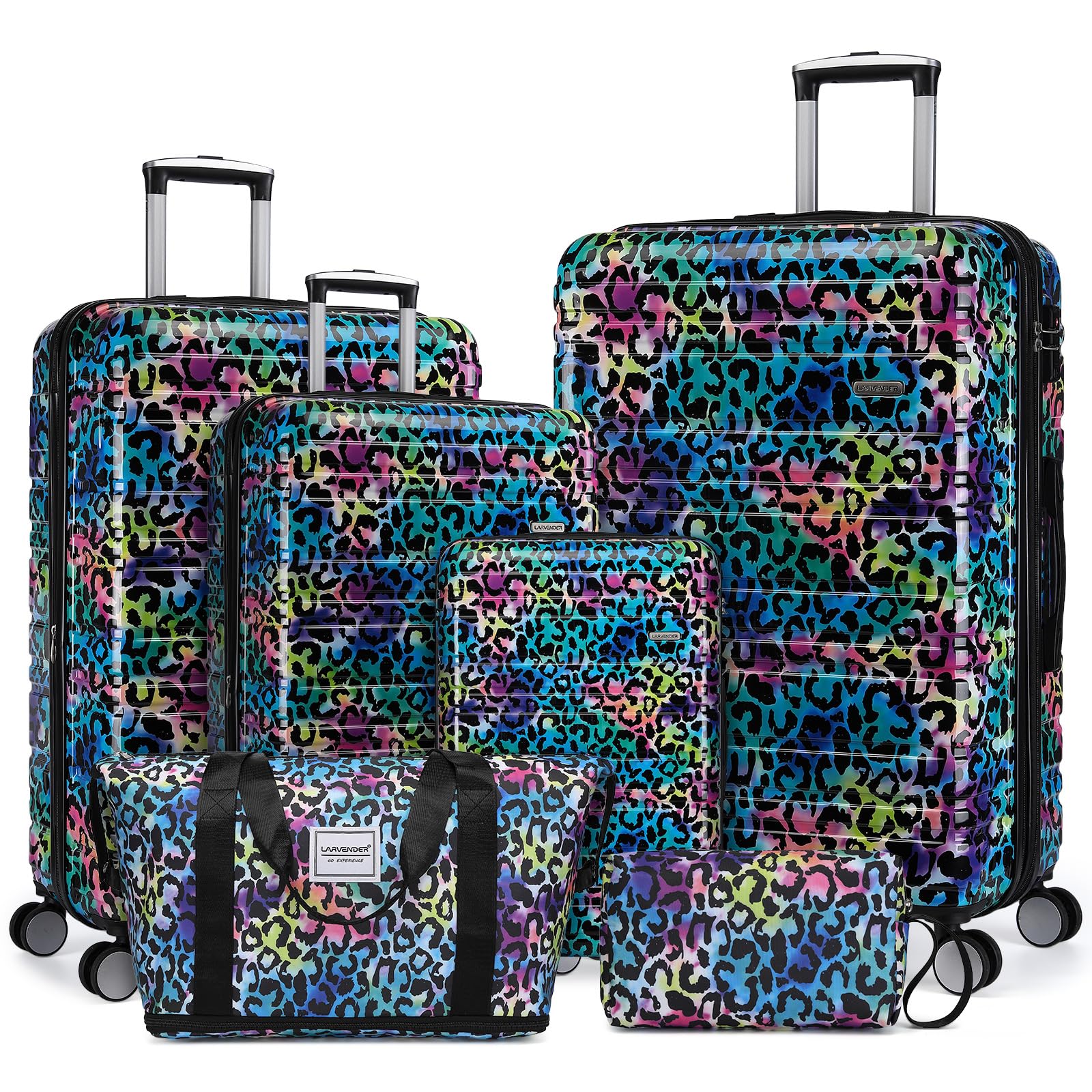 LARVENDER Luggage Sets 6 Piece, Expandable Luggage Hardside PC+ABS Leopard Suitcase Sets with Spinner Wheels TSA Lock, Lightweight Rolling Suitcase
