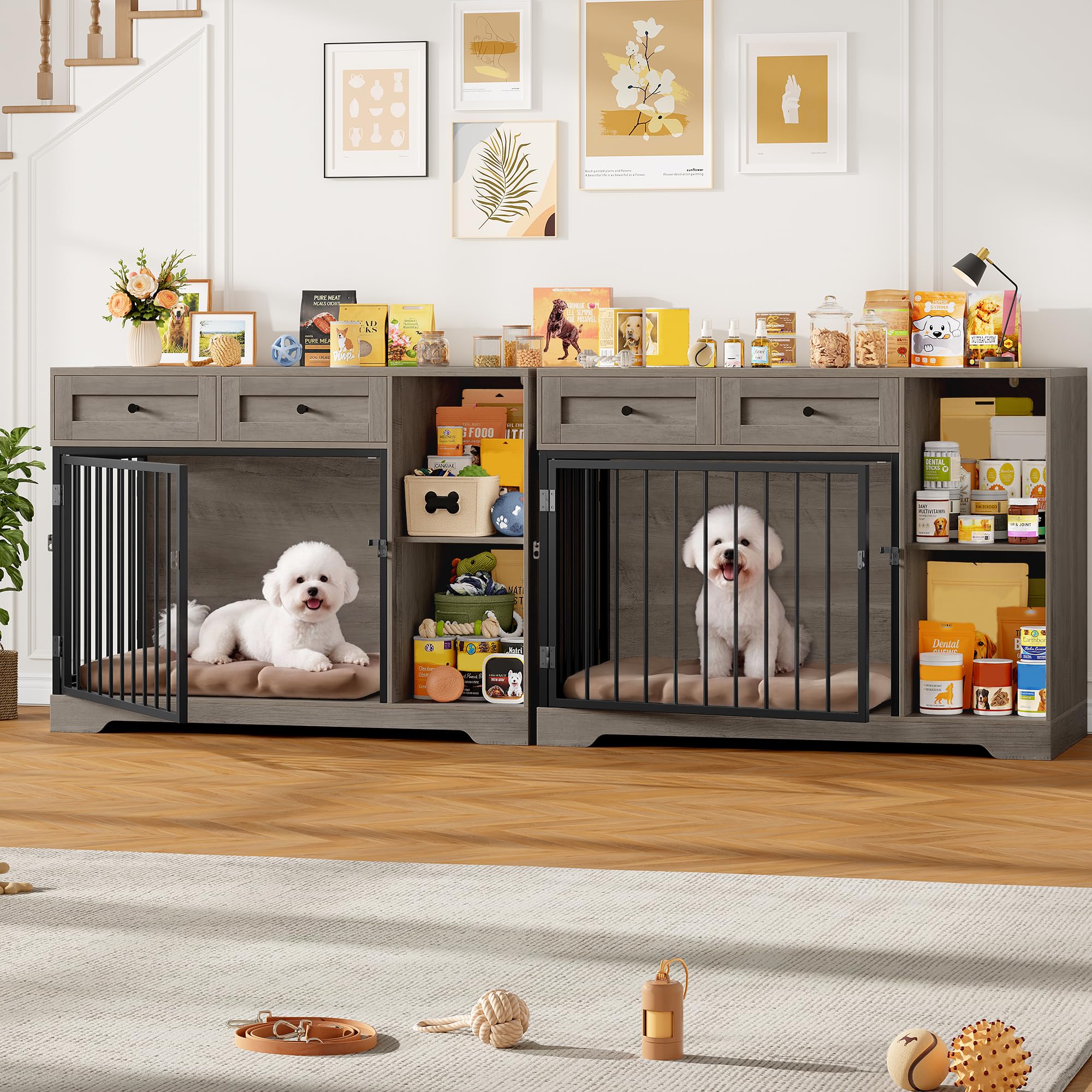 FirFurd Hundebox für kleine Hunde Hundekäfig Möbel mit Schubladen & 2 Türen | Hundebox für Zuhause, Hundekäfig aus Metall und Holz, Hundehütte Indoor, Hundehaus, Tierhaus, 120x87x60cm, Braun & Schwarz