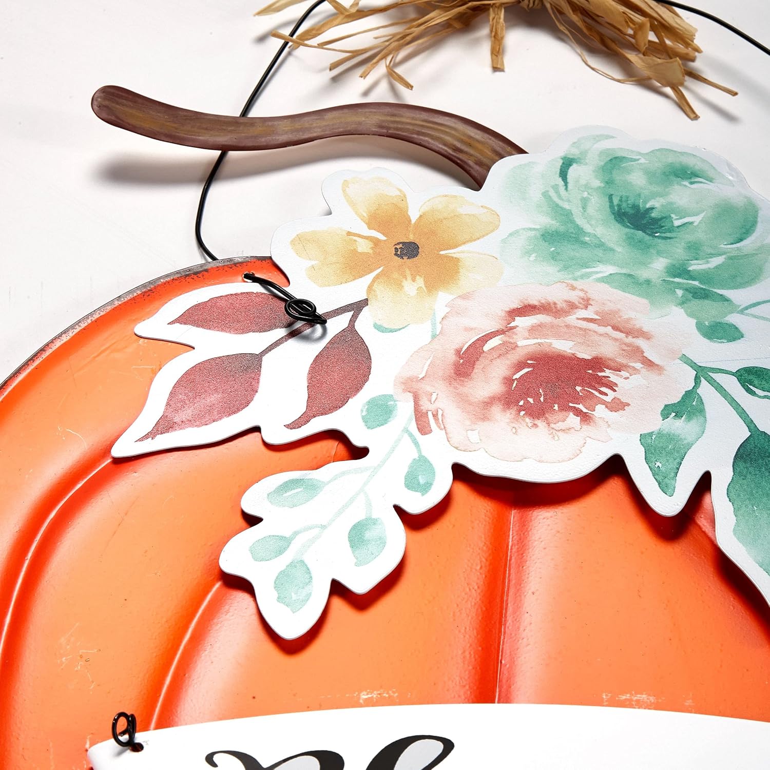 Metal Pumpkin Wall Art with Word Quote - Country Harvest Decoration - Orange