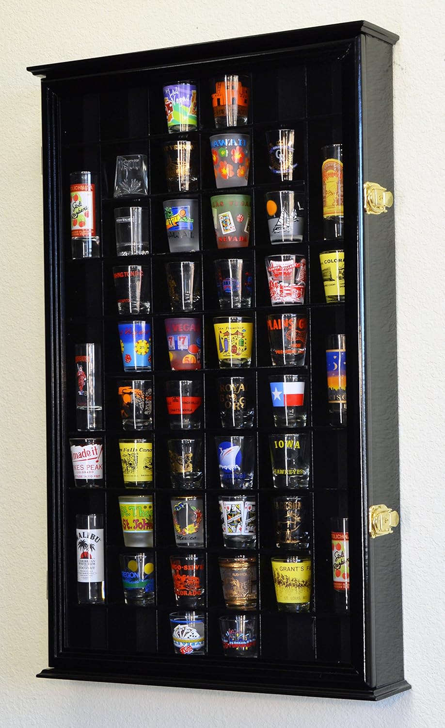 54 Shot Glass Shotglass Shooter Display Case Holder Cabinet Wall Rack w/UV Protection -Walnut
