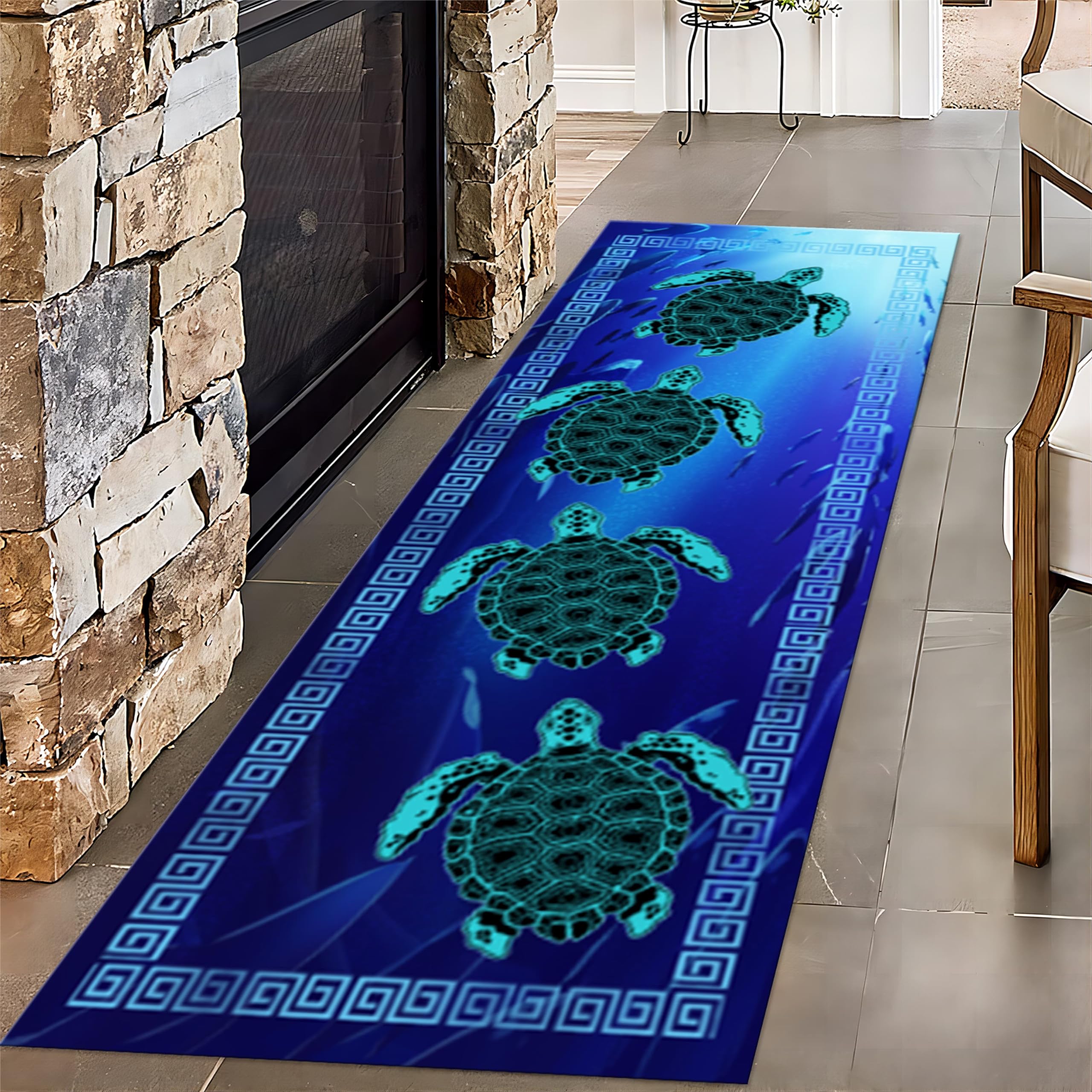 SOJAWA Sea Turtle Runner for Entryway, 2x7ft, Marine Animal Print Runner Rug, Non Skid Rubber Backed Entryway Mat, Breathable Washable Reduce Noise