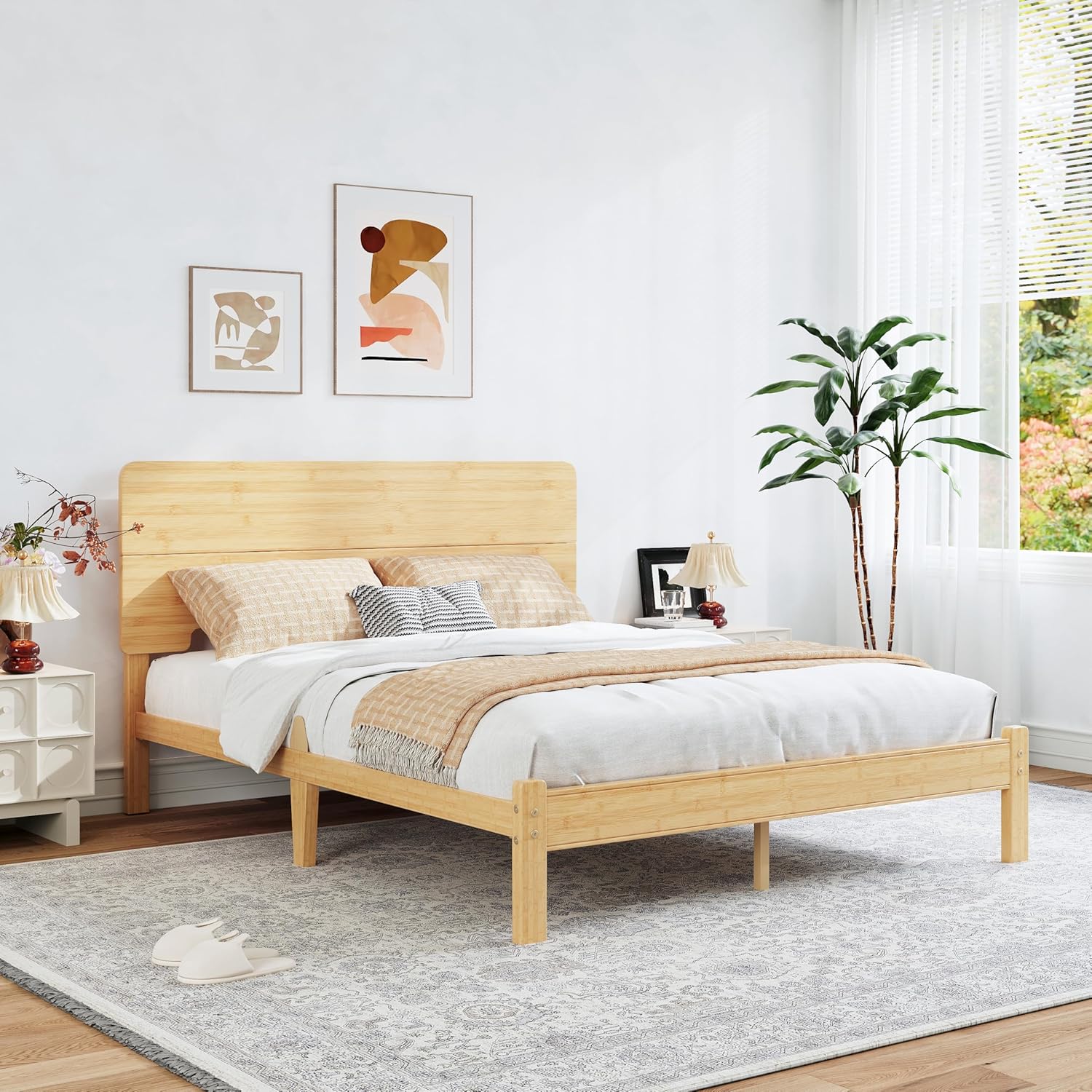BOSRII 12in High Solid Bamboo Wood Platform Queen Size Bed Frame with Headboard, Reinforced Heavy Duty Metal Slats, Noise Free, No Box Spring Needed, Easy Assembly