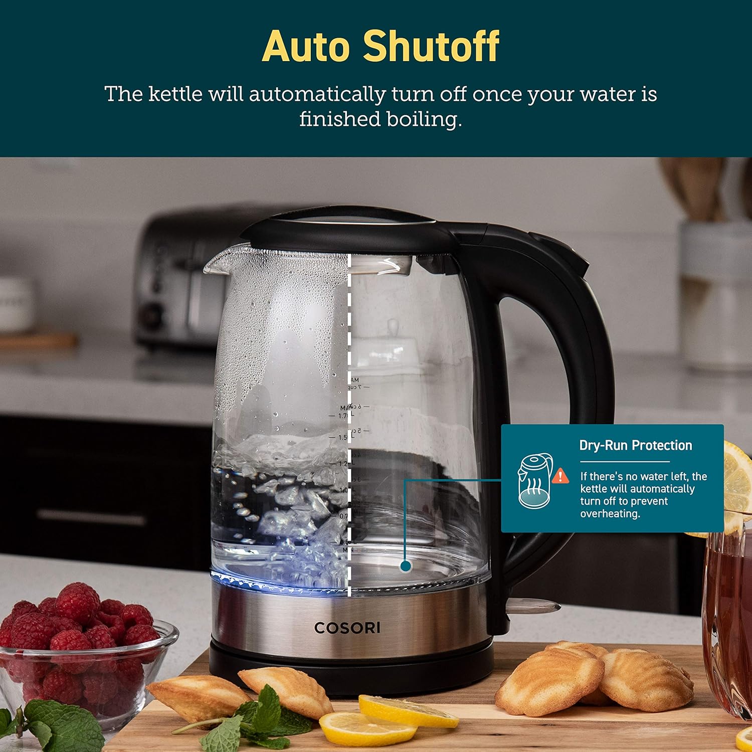 COSORI Electric Kettle with Upgraded Stainless Steel Filter and Inner Lid, Wide Opening Glass Tea Kettle & Hot Water Boiler, LED Indicator Auto Shut-Off & Boil-Dry Protection, BPA Free,1.7L, Black : Everything Else